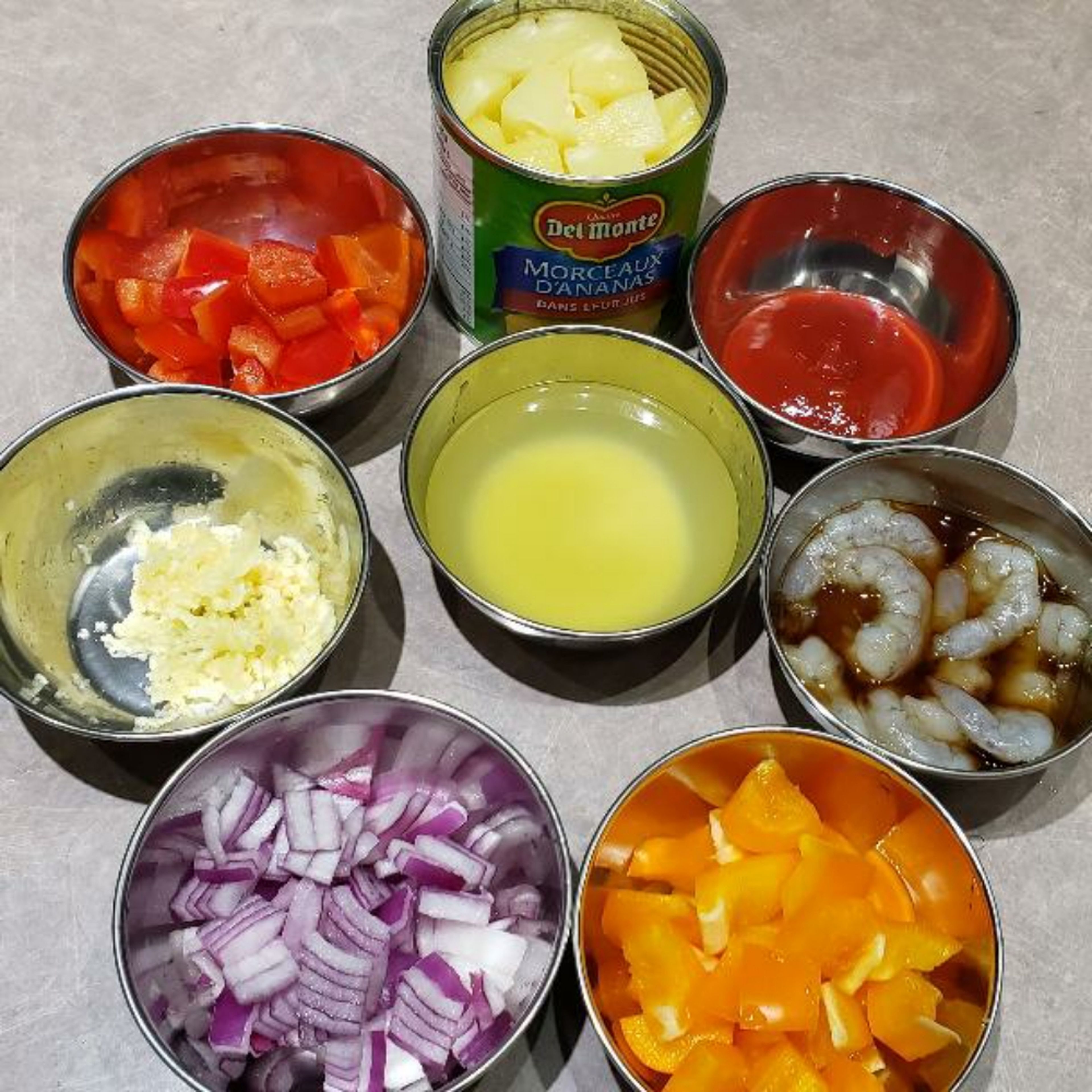 1, chopped red bell peppers, orange bell pepper and red onions into cube size.