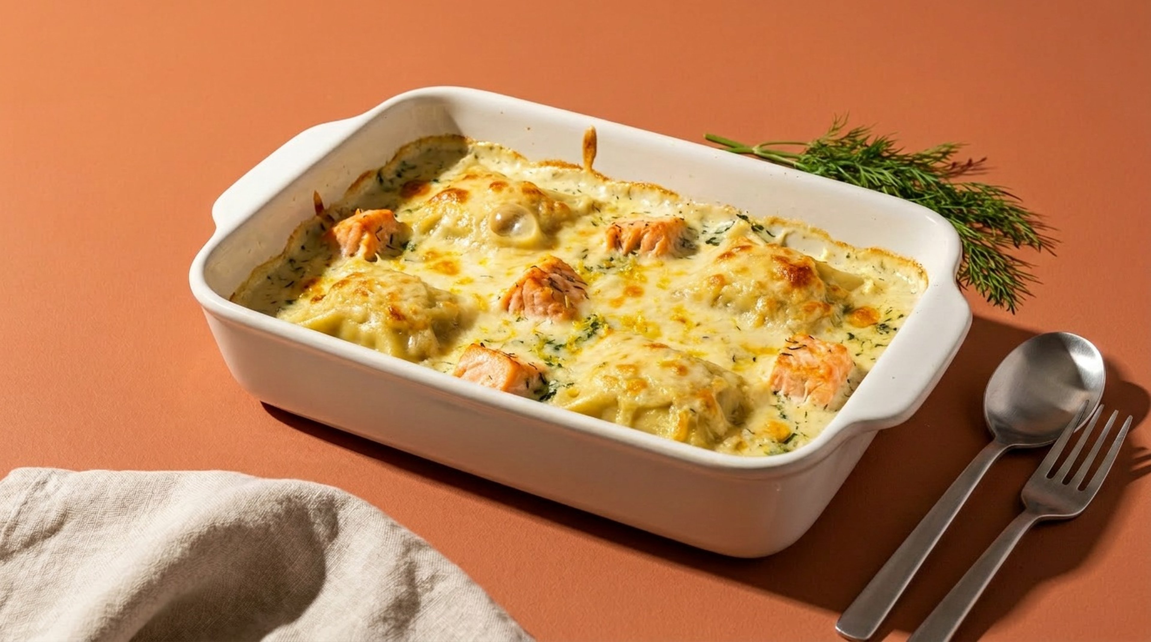 Überbackene Maultaschen mit Lachs und Spinat