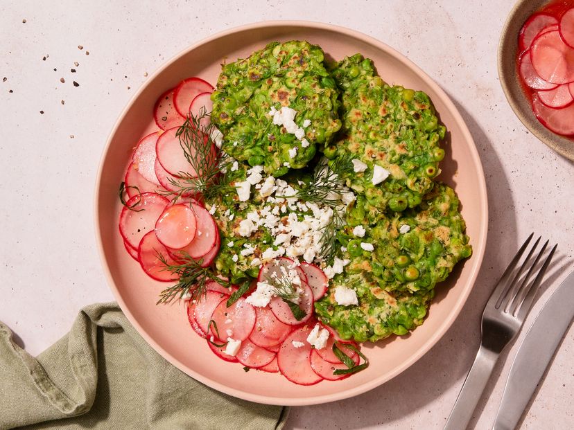 Easy pea fritters with quick radish salad and Feta