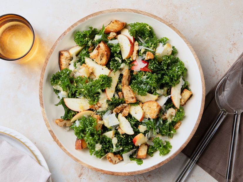 Kale Caesar salad with apples and candied walnuts