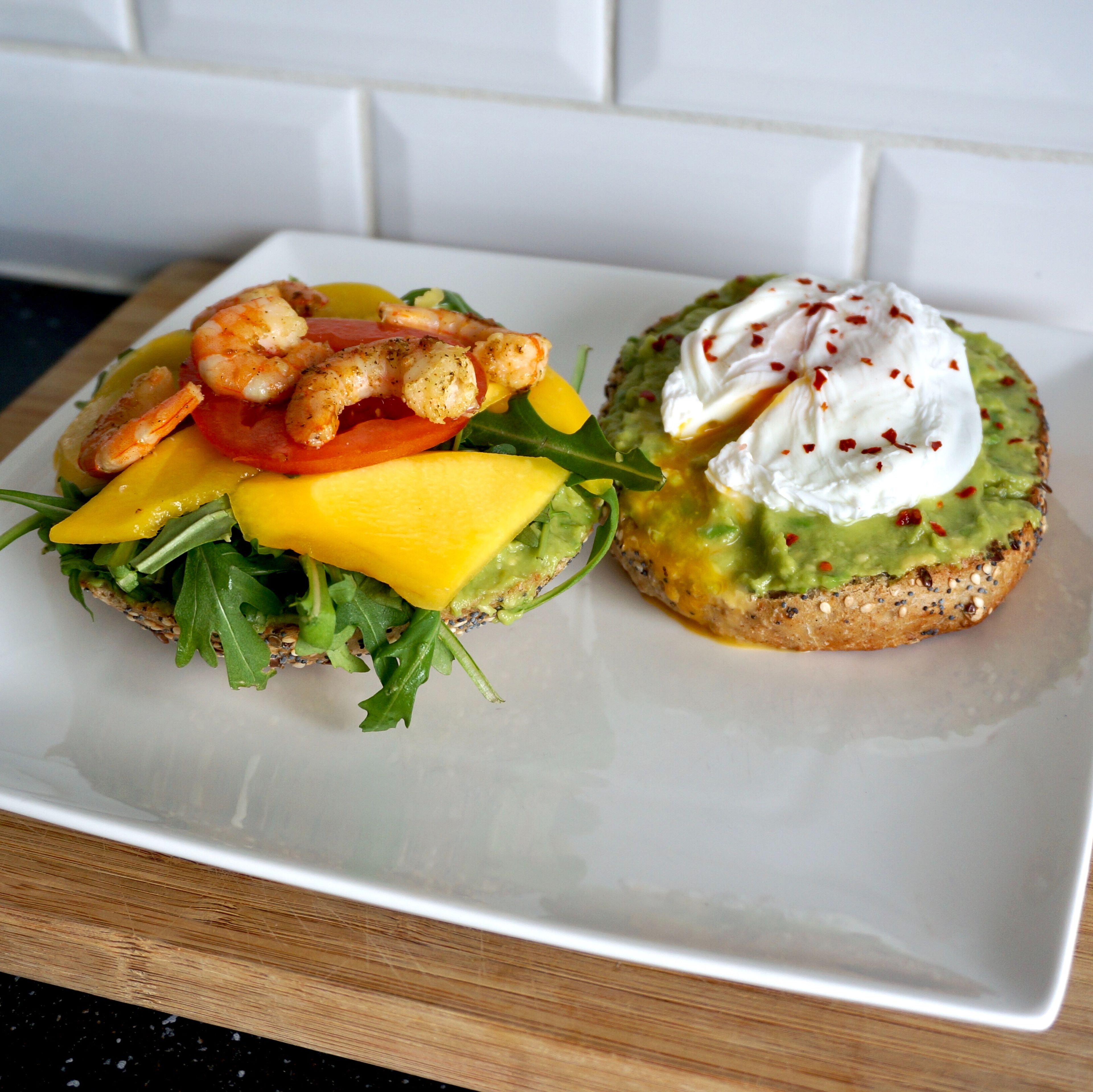 Sandwich duet: poached egg and mango with shrimps