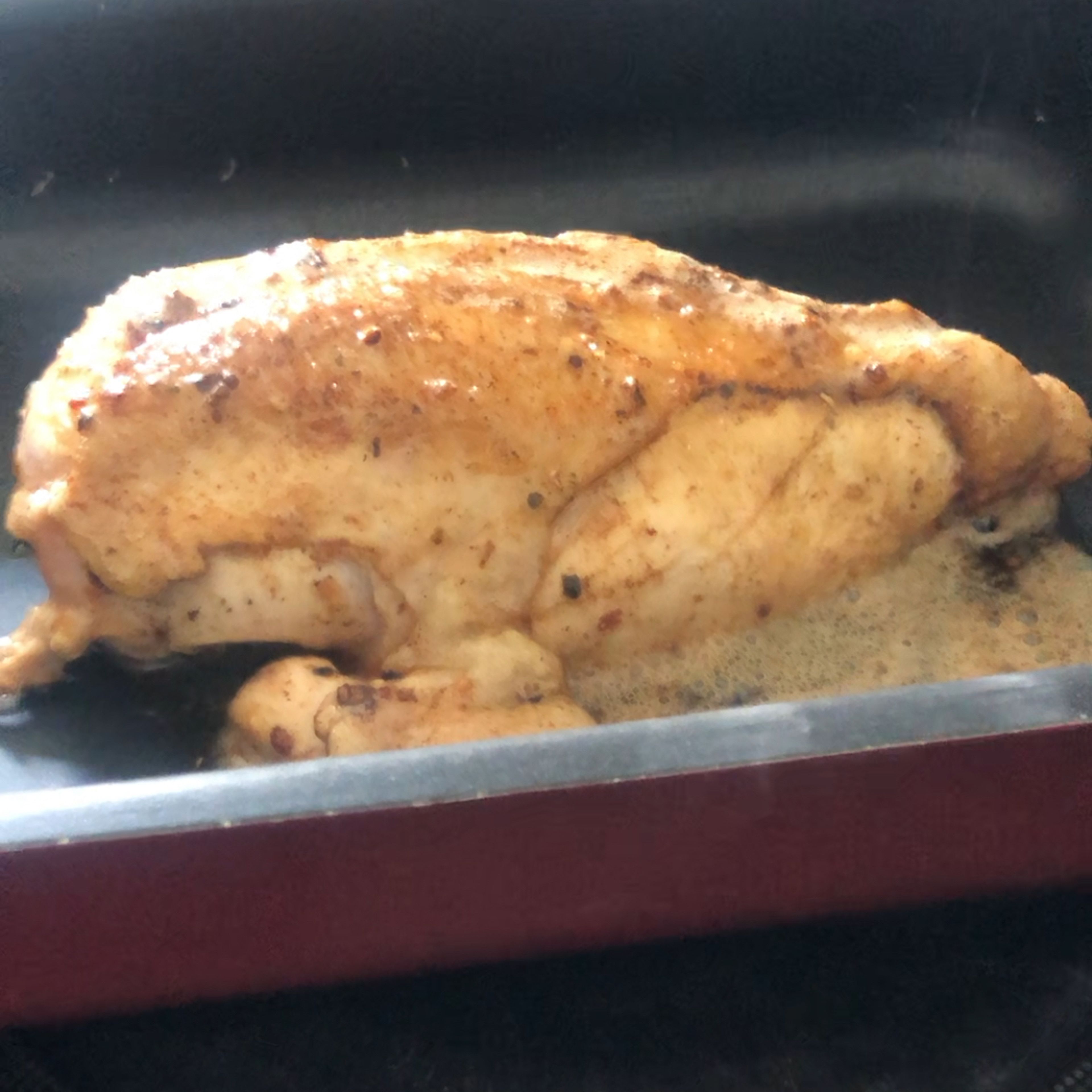 In a hot nonstick pan, add butter then put the seasoned chicken(with salt and pepper) skin down. We stir fry the chicken from all sides and we put it in a baking pan skin up and we drop all the butter on top. Put it in the oven on 350 degrees Fahrenheit for 10 min. Remove it, and with a spoon take the butter and oil in the pan and drip it on top of the chicken. Cover the pan with foil aluminium and return it to the oven to cook for 45 min or until you feel that it’s well cooked.