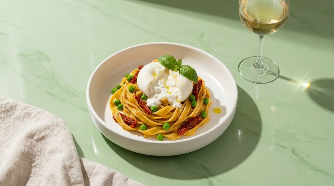 Cremige Pasta mit Erbsen, getrockneten Tomaten und frischer Burrata