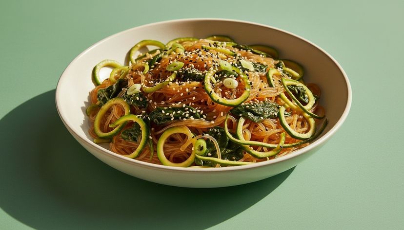 Würzige Sesamnudeln mit Zucchini-Spaghetti und Spinat