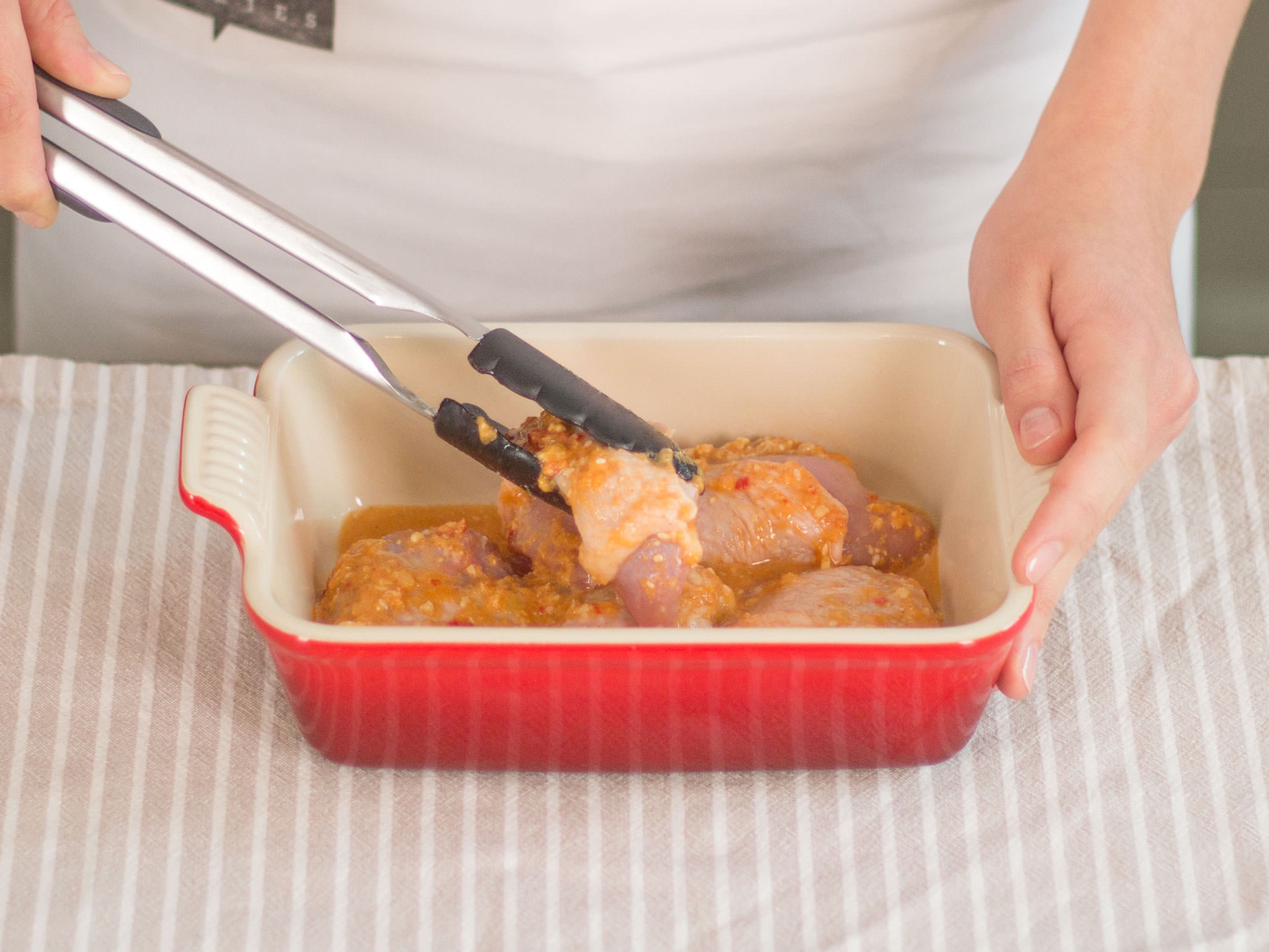 Place chicken in a baking dish and cover with sauce. In the preheated oven, bake at 180°C/350°F for approx. 20 – 25  min. Then, increase heat to 220°C/430°F and bake for approx. another 10 – 12 min.