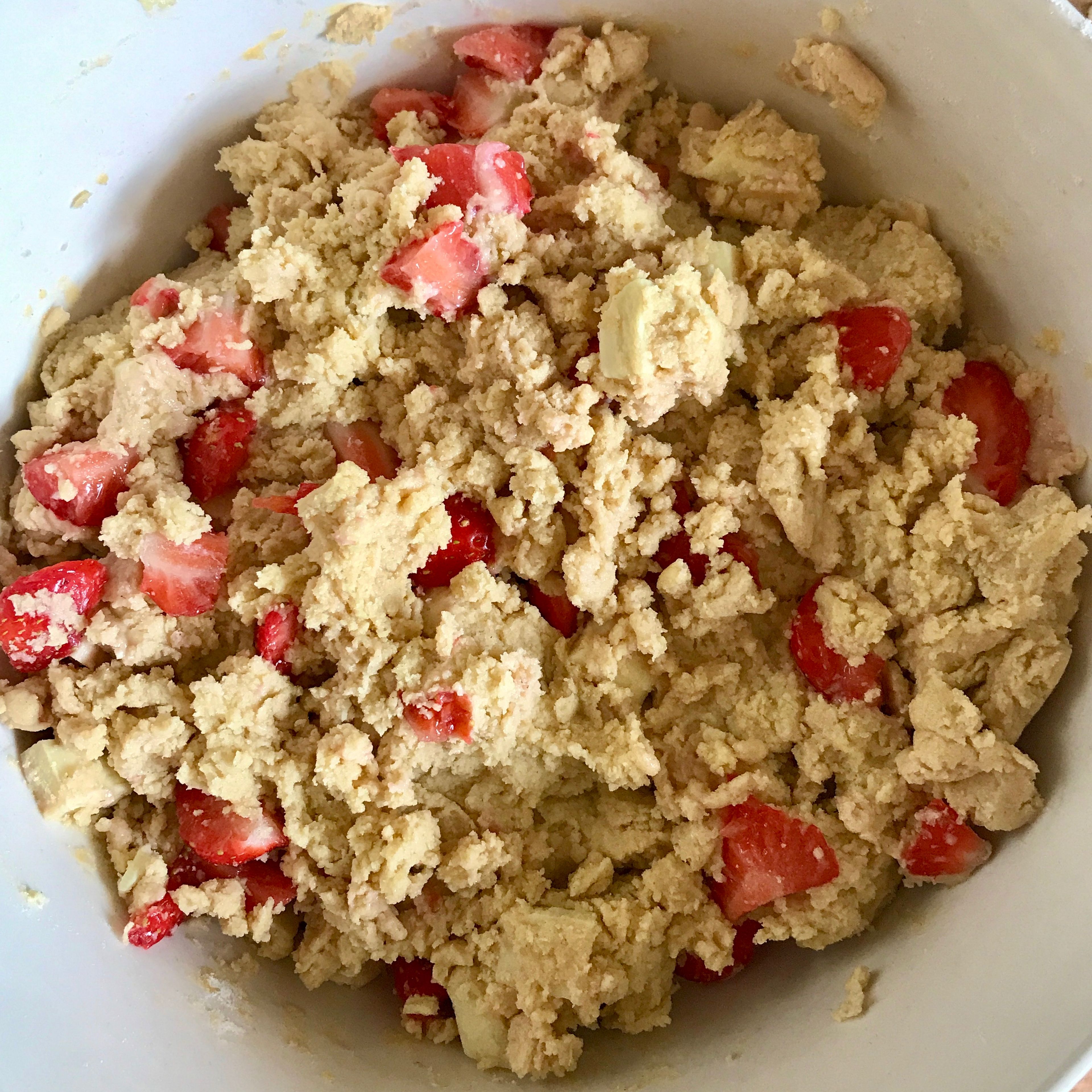 Chop the strawberries and white chocolate into roughly 1cm chunks and add to the dough. Mix through until evenly distributed.