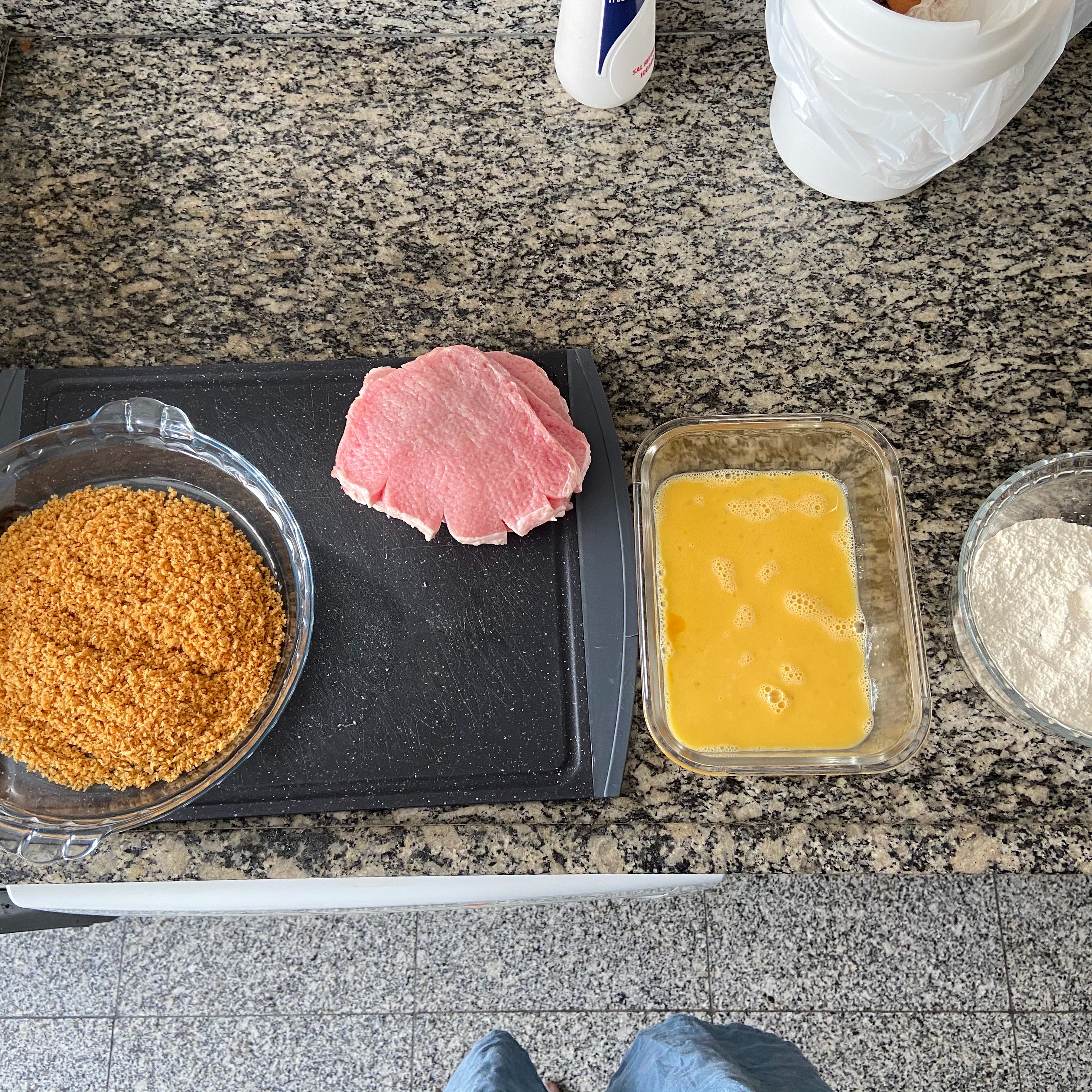 Combine the flour, salt and pepper in a dish. Whisk the eggs in another dish and have your toasted panko breadcrumbs ready. This is the order of breading: flour, egg, panko.