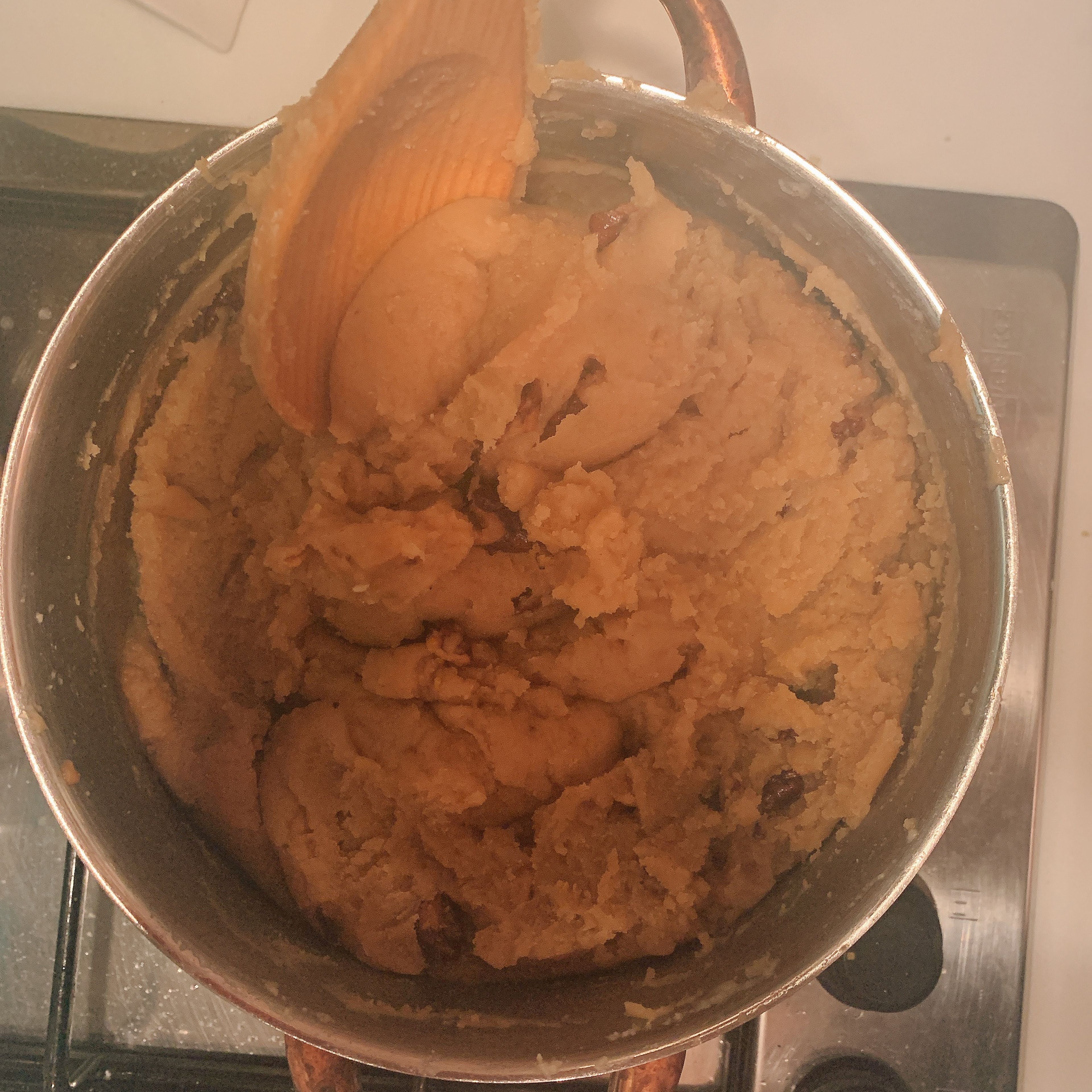 Lastly, when the color of flour get brown you should add mixture that you prepare early. At this step, It is going to get rough. Don’t worry. Continue to stir the mixture. It is going to be smooth and soft in a minute. You can serve now. 