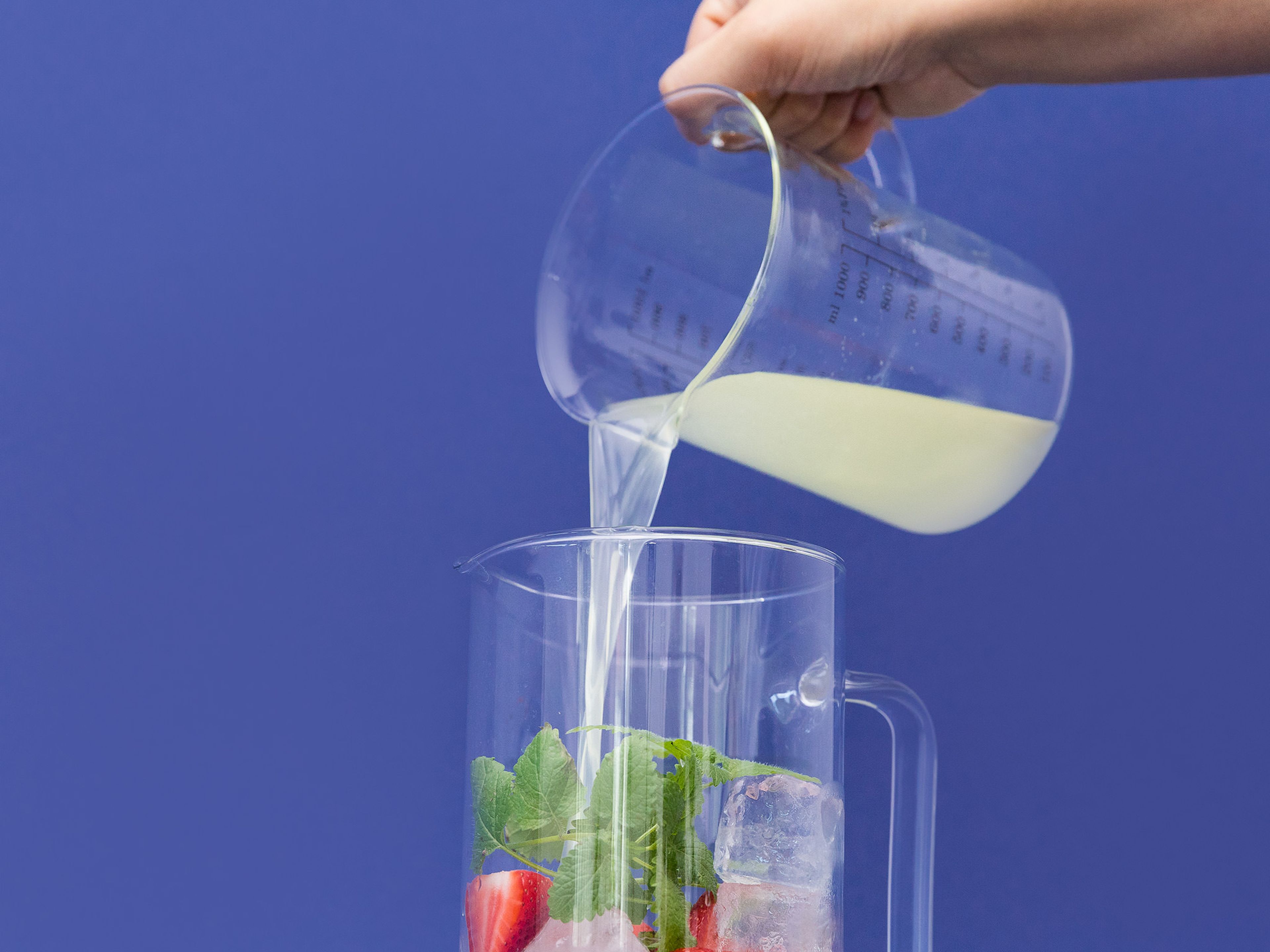 Add ice to a large pitcher. Place sliced strawberries in the pitcher and lemon balm leaves, if using. Pour in lemon juice, soda water, and strawberry puree. Stir well to ensure sugar is fully dissolved. Enjoy!
