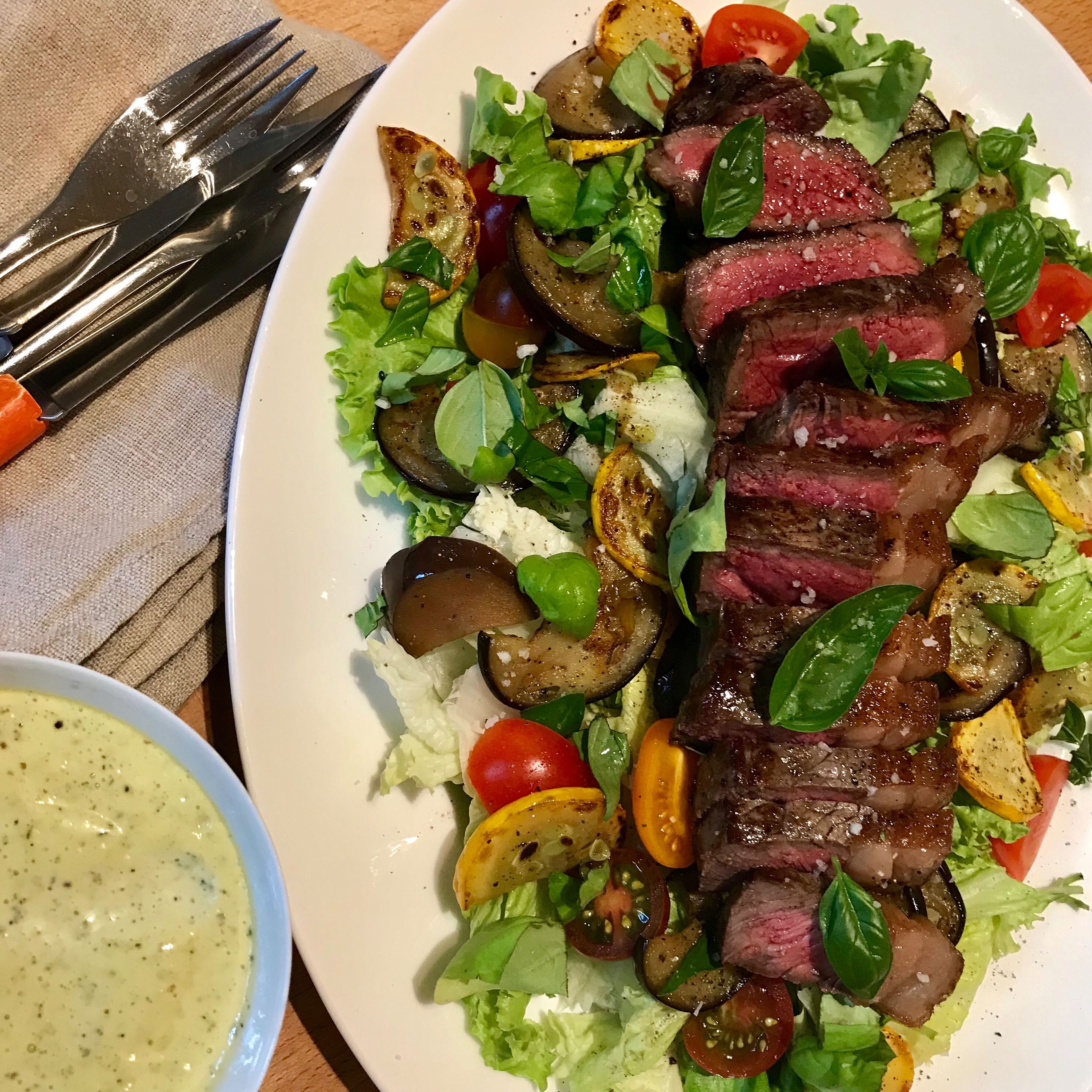 Steak salad with zucchini, eggplant, and tarragon aioli