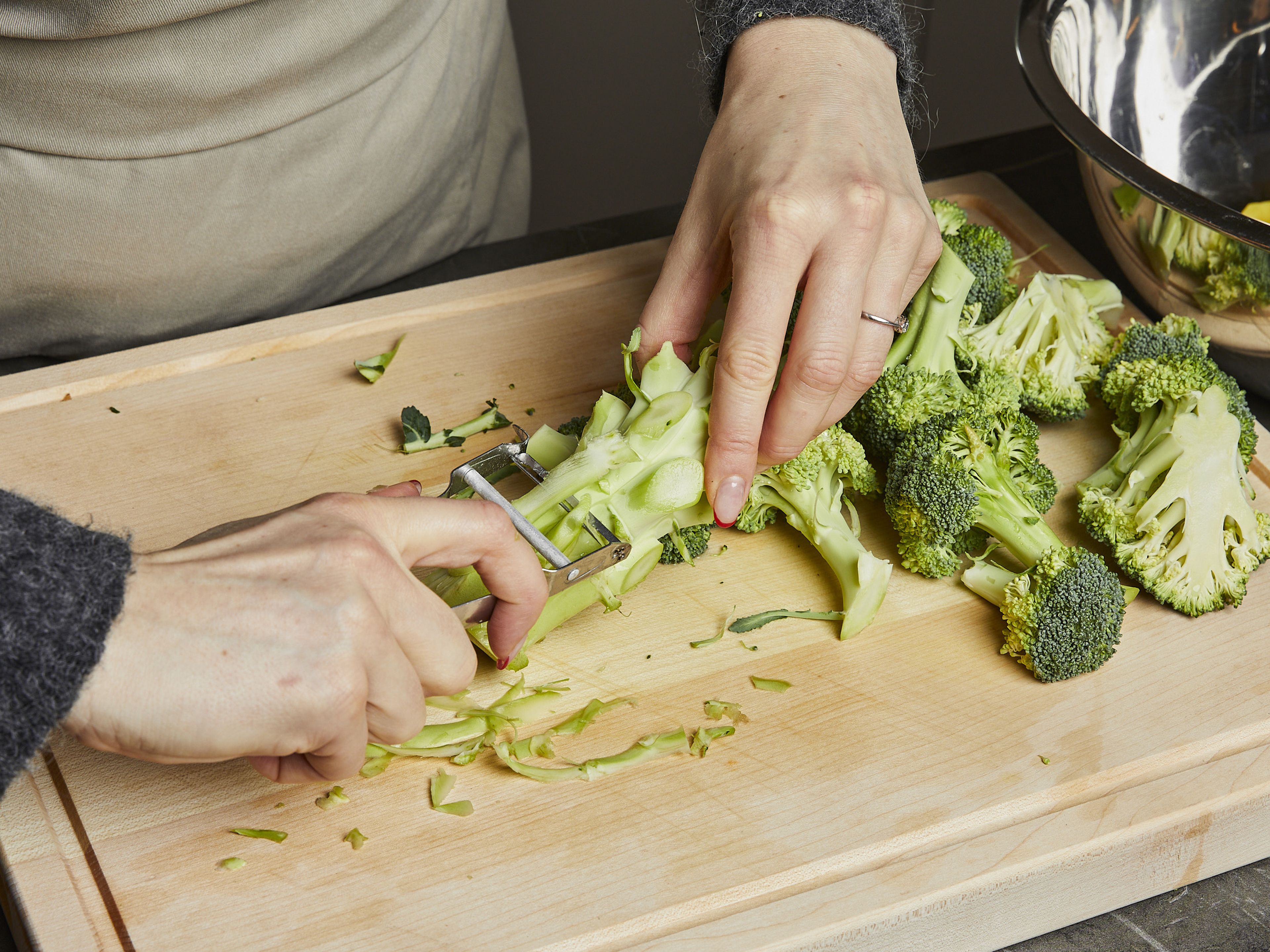 Peel and finely dice onion and ⅔ of the garlic. Cut broccoli into florets, then peel the stem and chop roughly. Put ¼ broccoli aside to garnish. Peel and dice the potatoes.