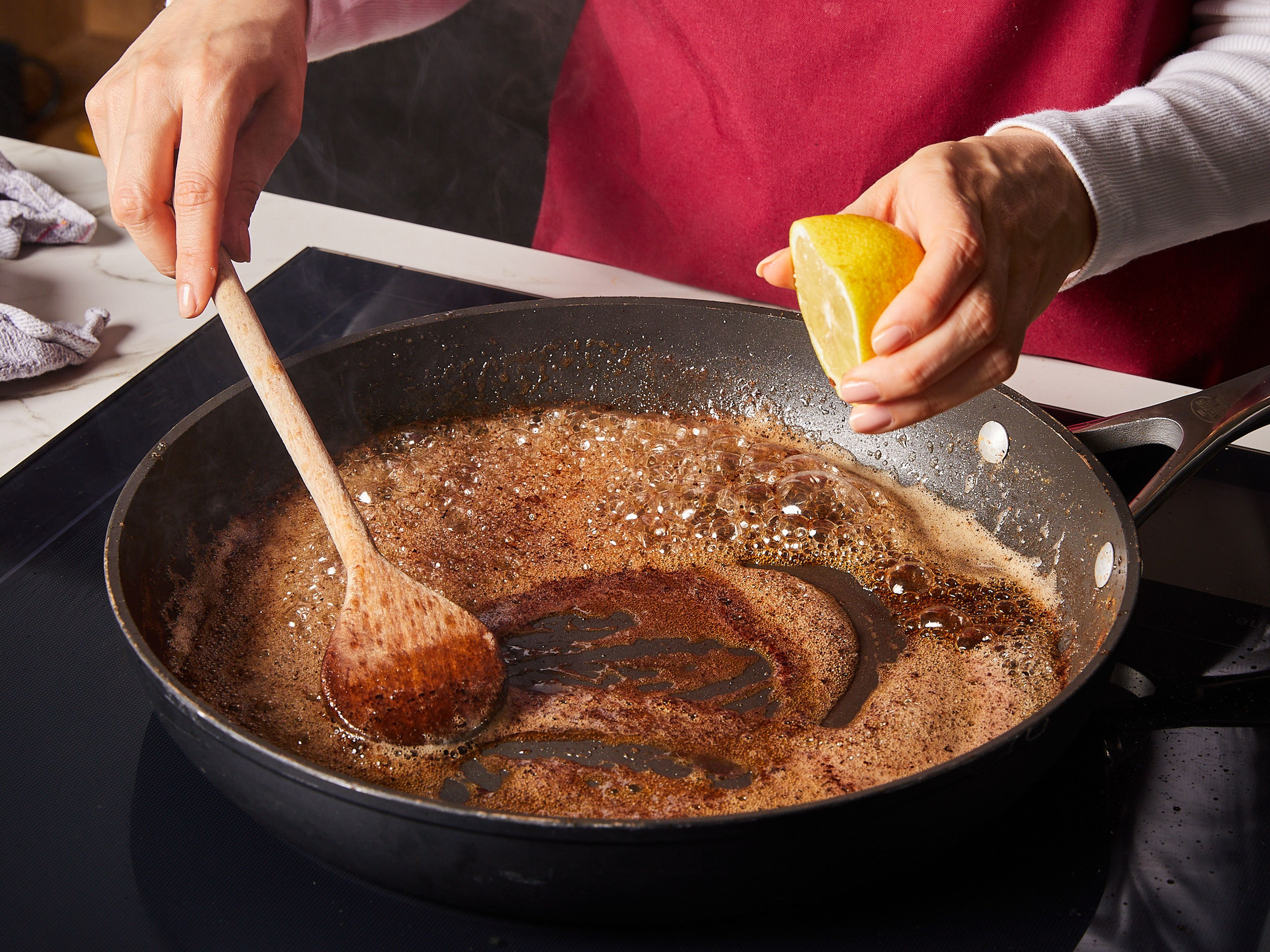If needed, wipe the pan, add remaining butter in, and melt over medium heat. Brown the butter for approx. 5–7 min. Until golden brown and nutty in aroma, stirring regularly to avoid burning it. Then, add soy sauce, sugar, and a bit of lemon juice, stirring well until sugar dissolves. Add a little pasta water until the sauce reaches your desired consistency.