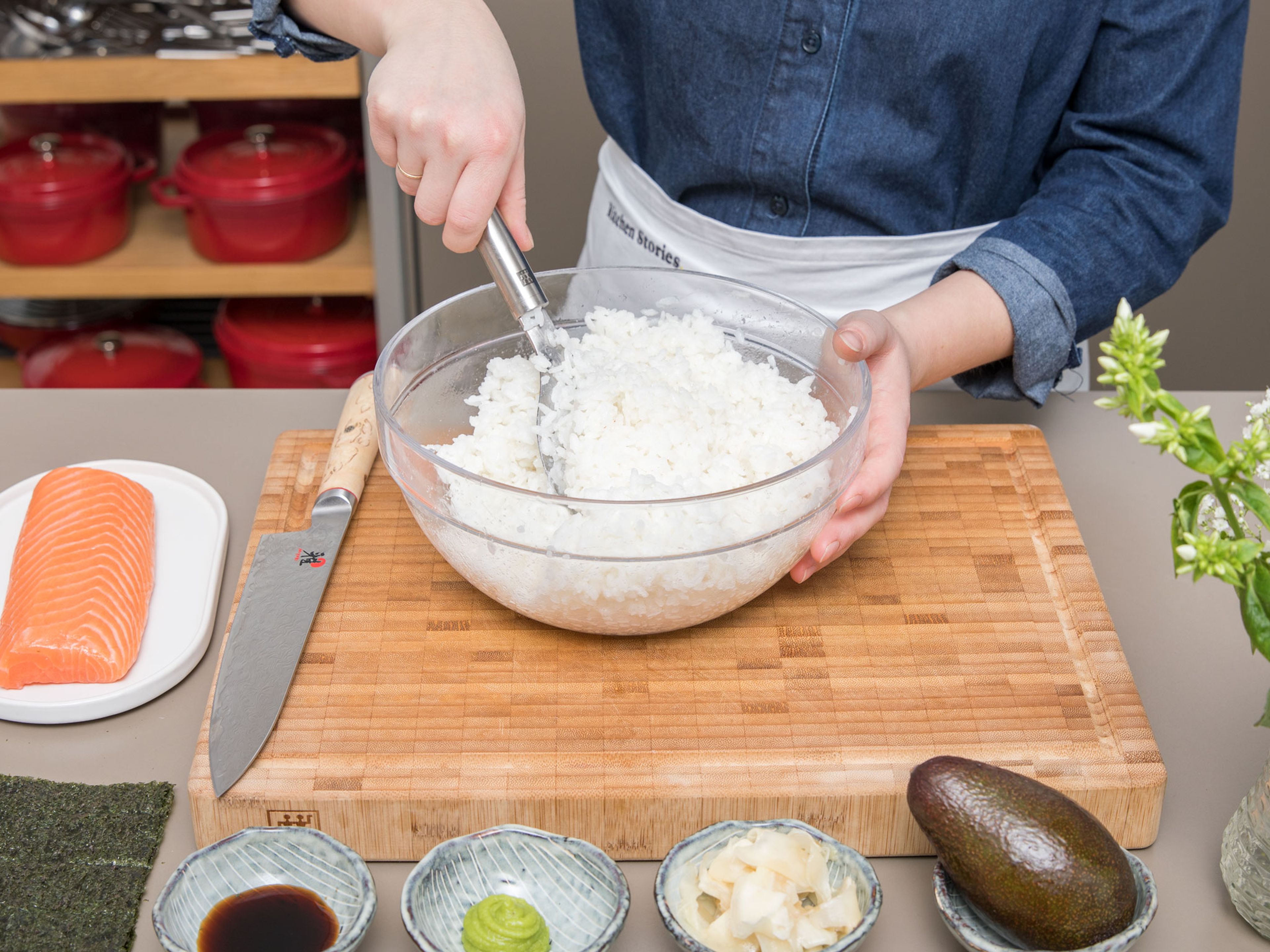 Add confectioner’s sugar, rice vinegar, and salt to a pot and heat the mixture until the sugar is dissolved. Add to cooled sushi rice and stir to combine.