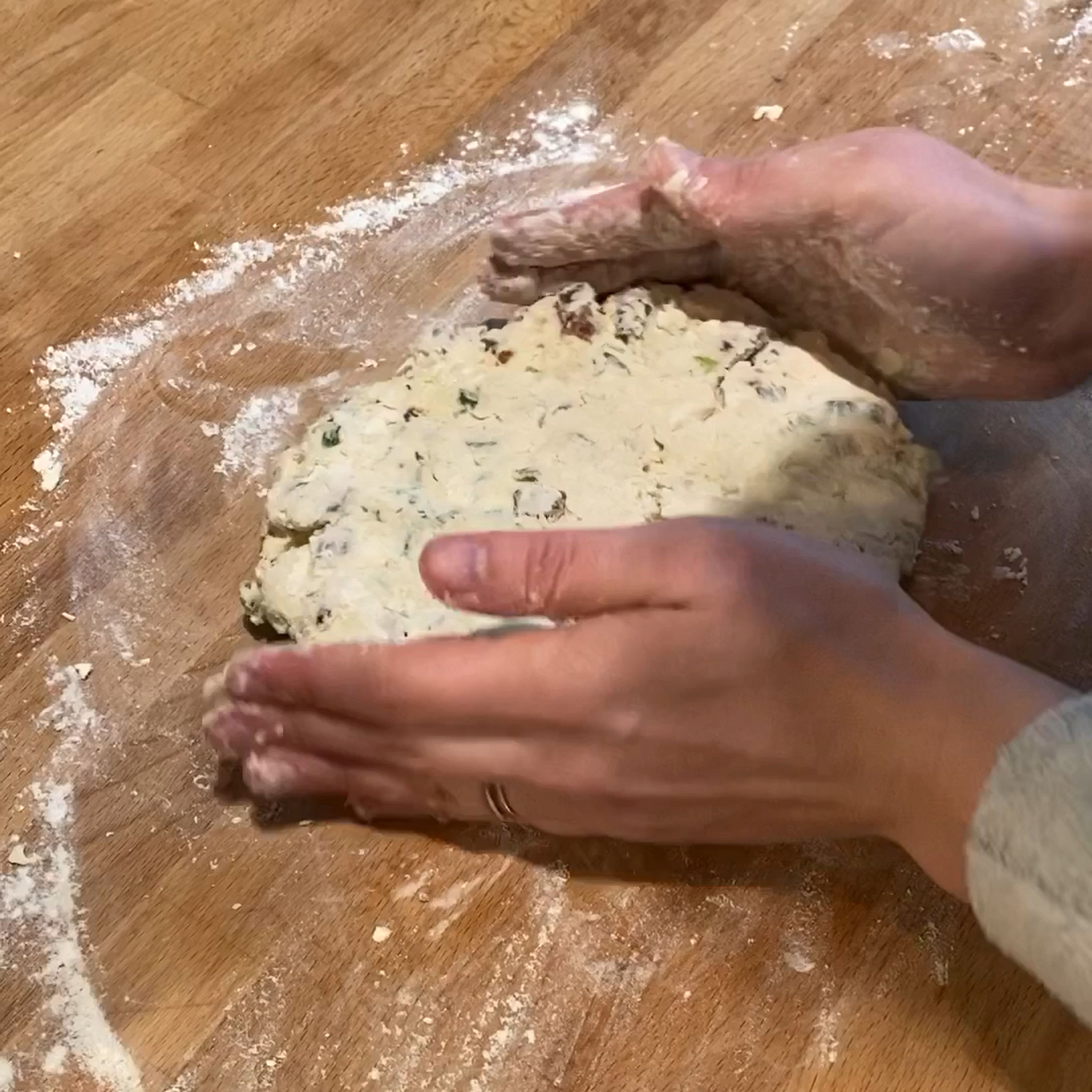 Transfer the dough to a floured work surface and shape into a disk, approximately 7 in./17 cm in diameter. If you have time, wrap the dough in plastic and chill for 1 hr. before proceeding for best results. Meanwhile, preheat the oven to 425°F/220°C, then use a dough cutter or knife to cut dough into 8 triangles and transfer to a parchment-lined baking sheet.