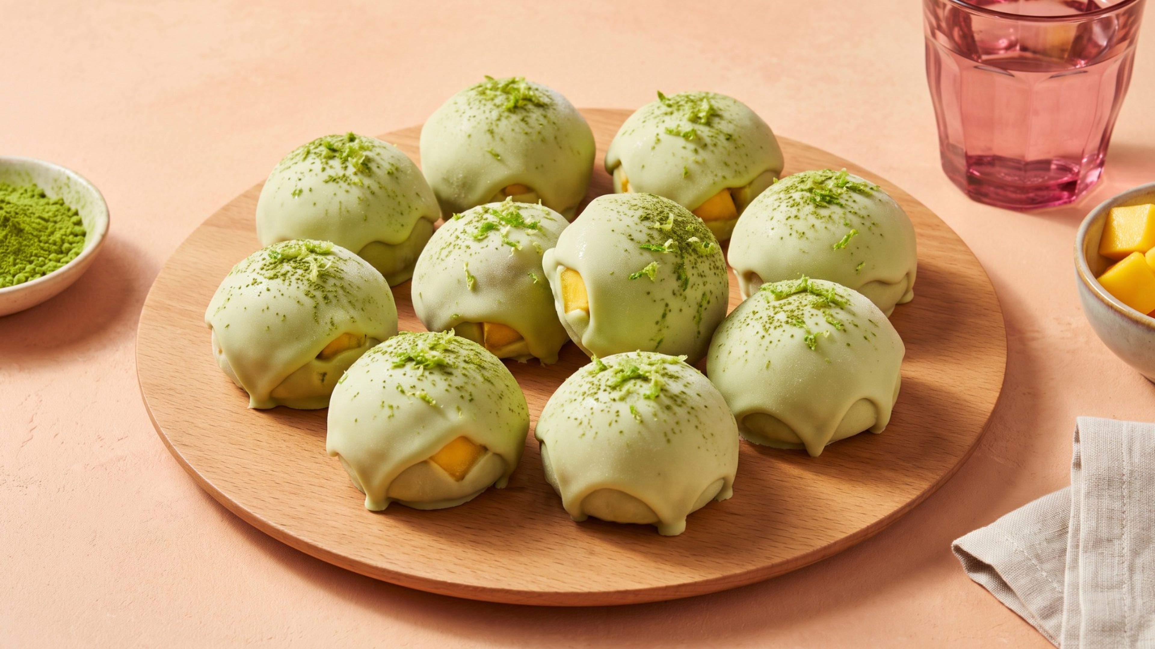 Eisgekühlte Matcha-Mango-Joghurt-Bites mit weißer Schokolade