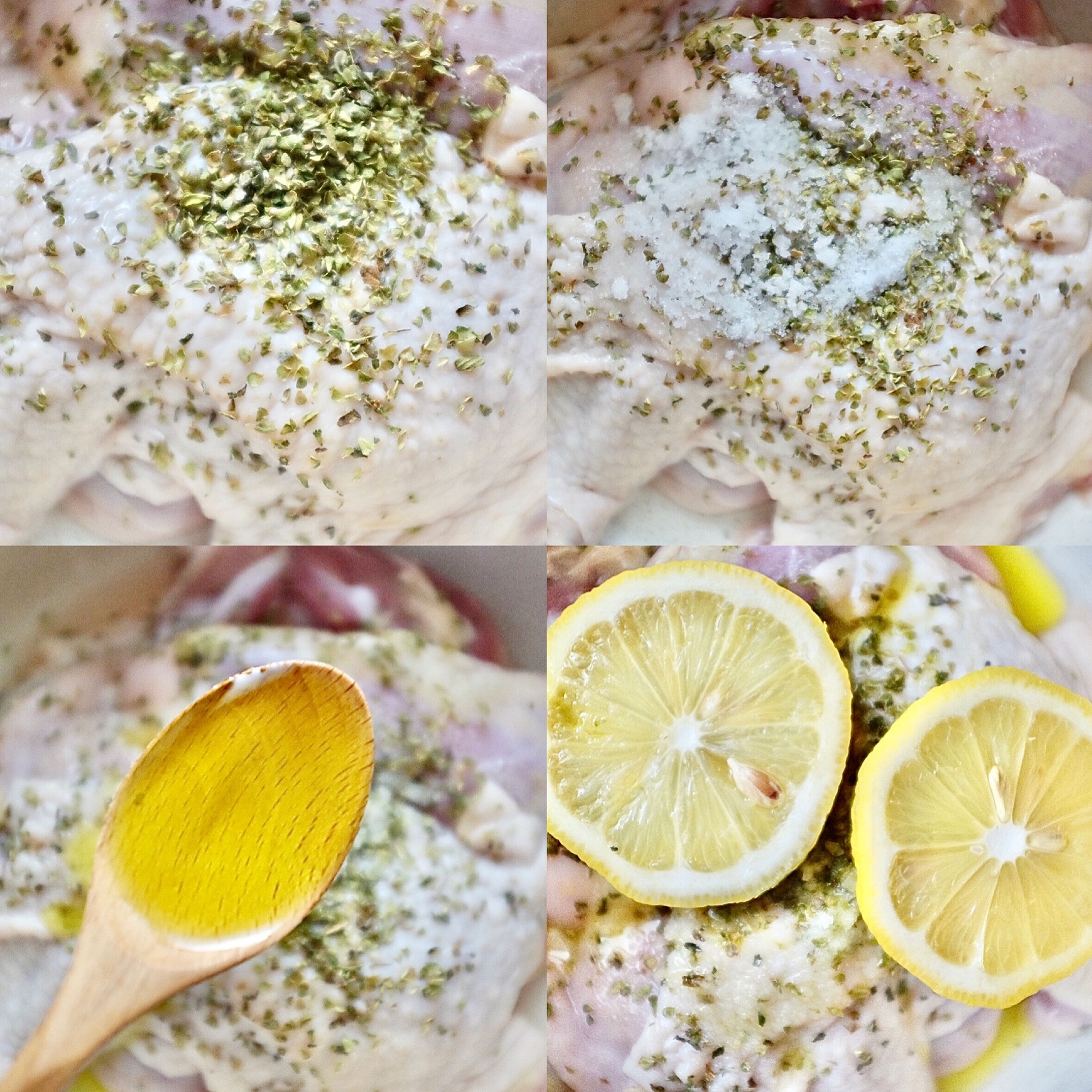 Season chicken thighs with oregano , salt , lemon ,2 tbsp of olive oil and marinade for 4 hours (better refrigerated overnight).