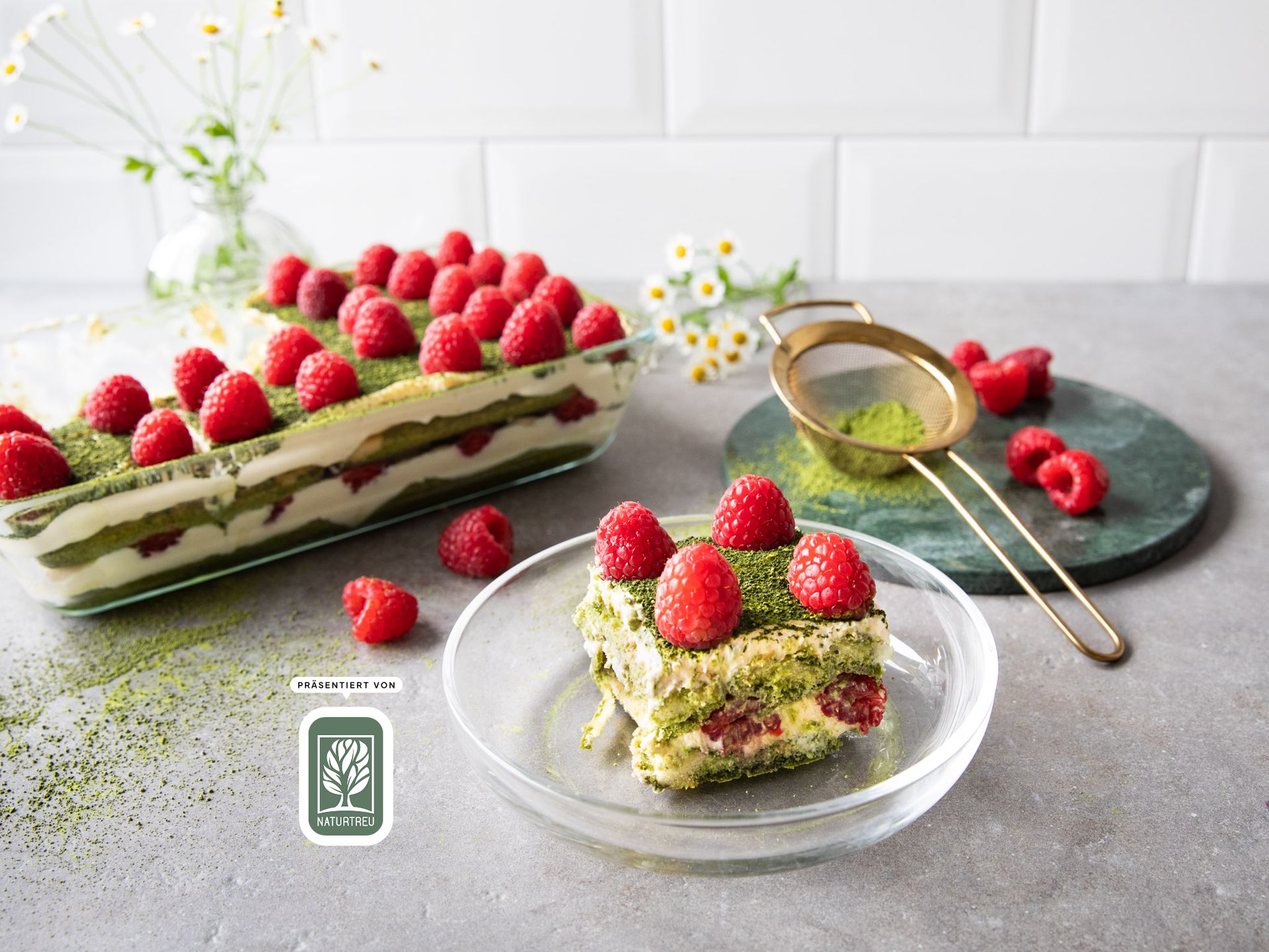 Matcha tiramisu with raspberries