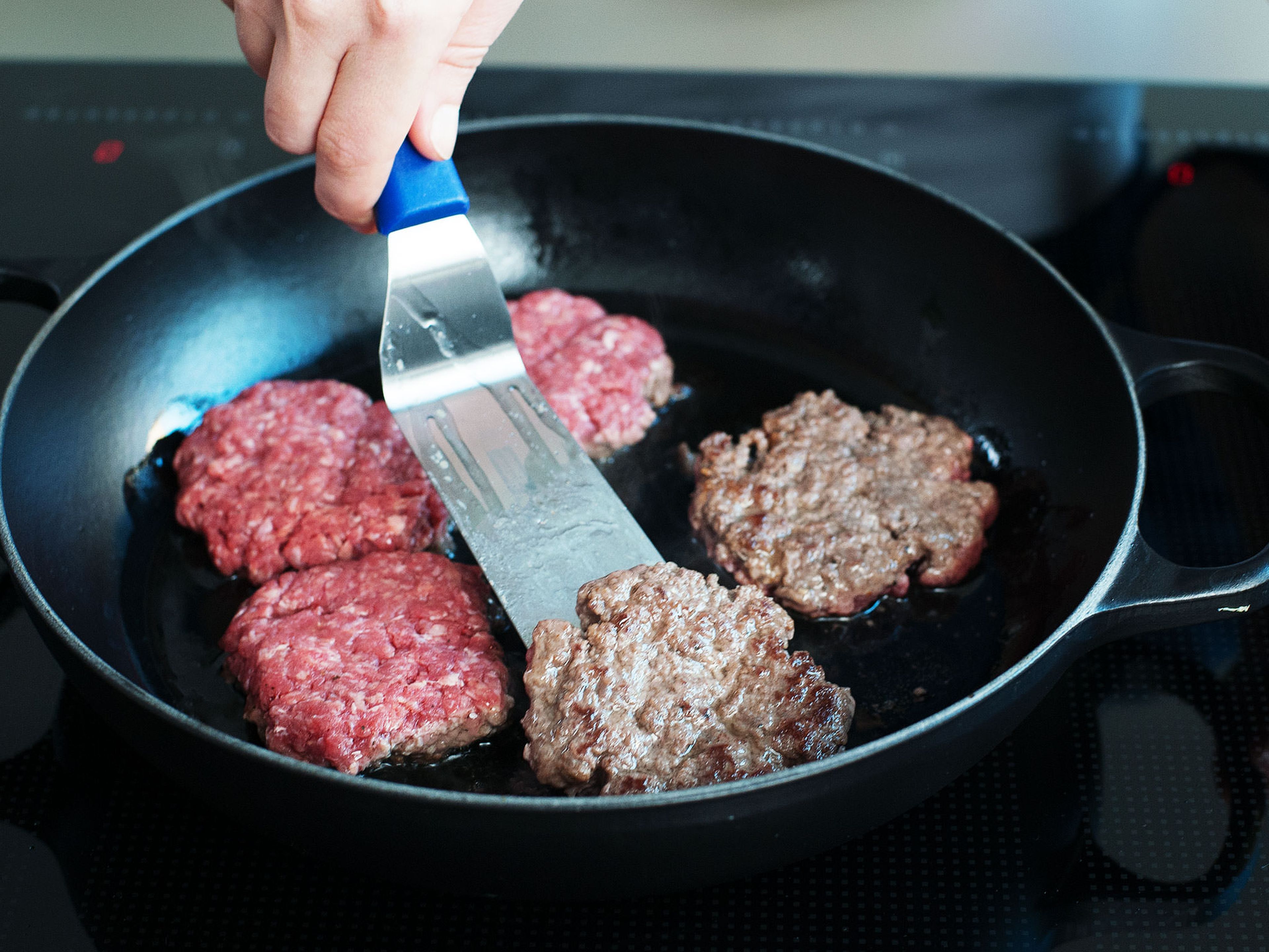 Form 6 equal-sized patties and cook in a frying pan greased with oil over medium-high heat for approx. 3 – 5 min., or until browned on each side and cooked through.