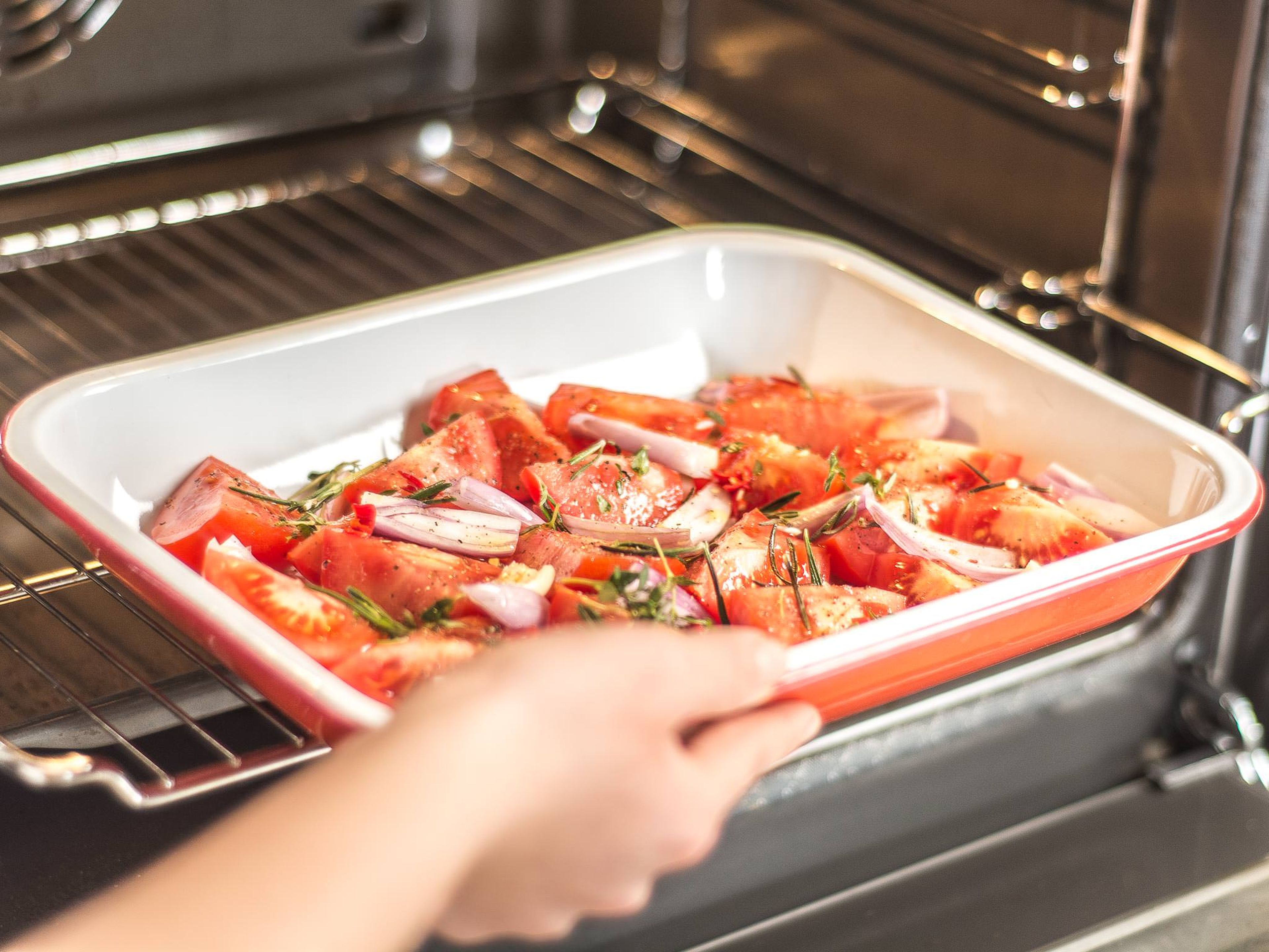 Place the shallots, garlic, tomatoes, thyme, rosemary, and chili into a baking dish. Season with olive oil, sugar, salt, and pepper and mix well. Roast in a preheated oven at 200°C/400°F for approx. 20 – 25  min.