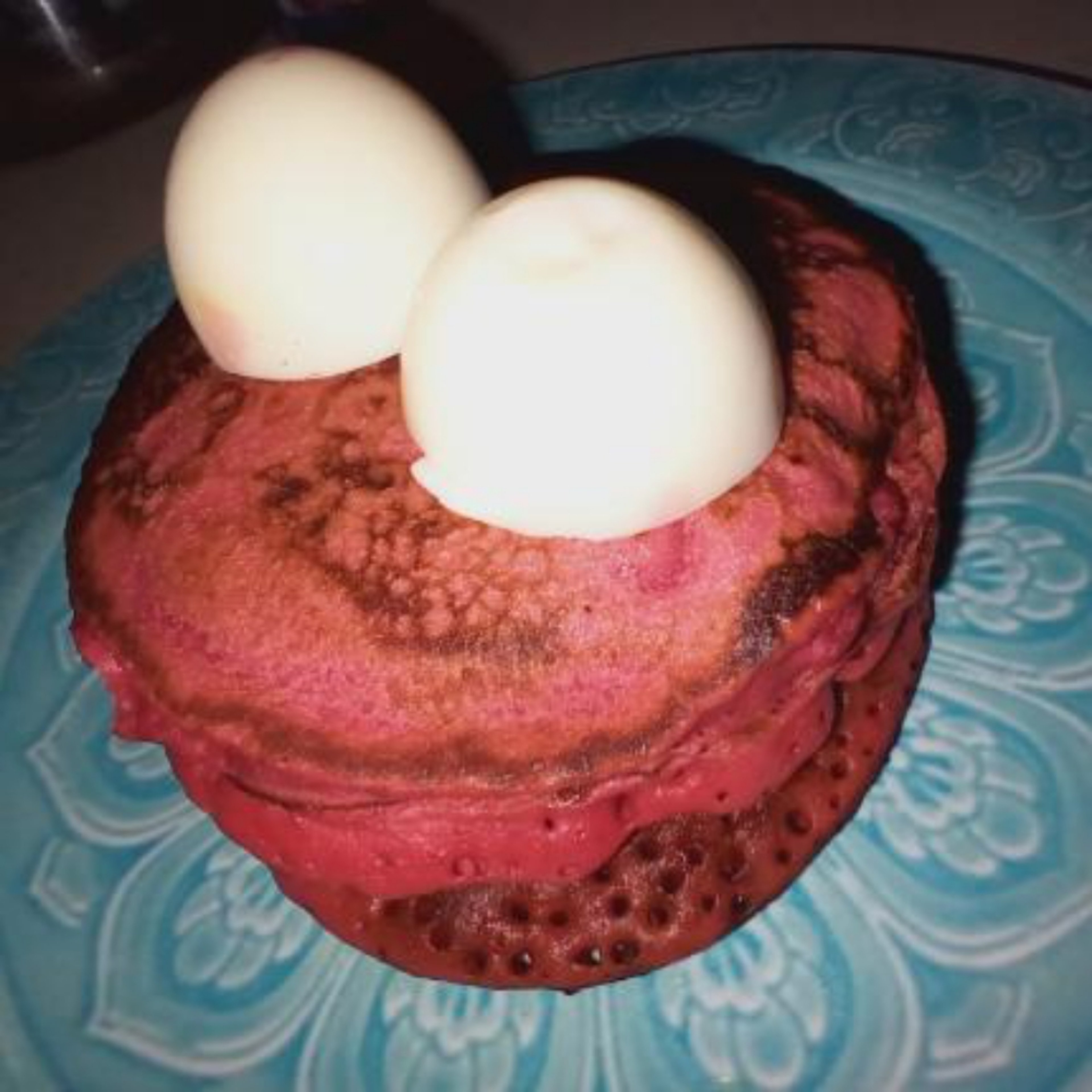 Red rose pancakes with boiled egg