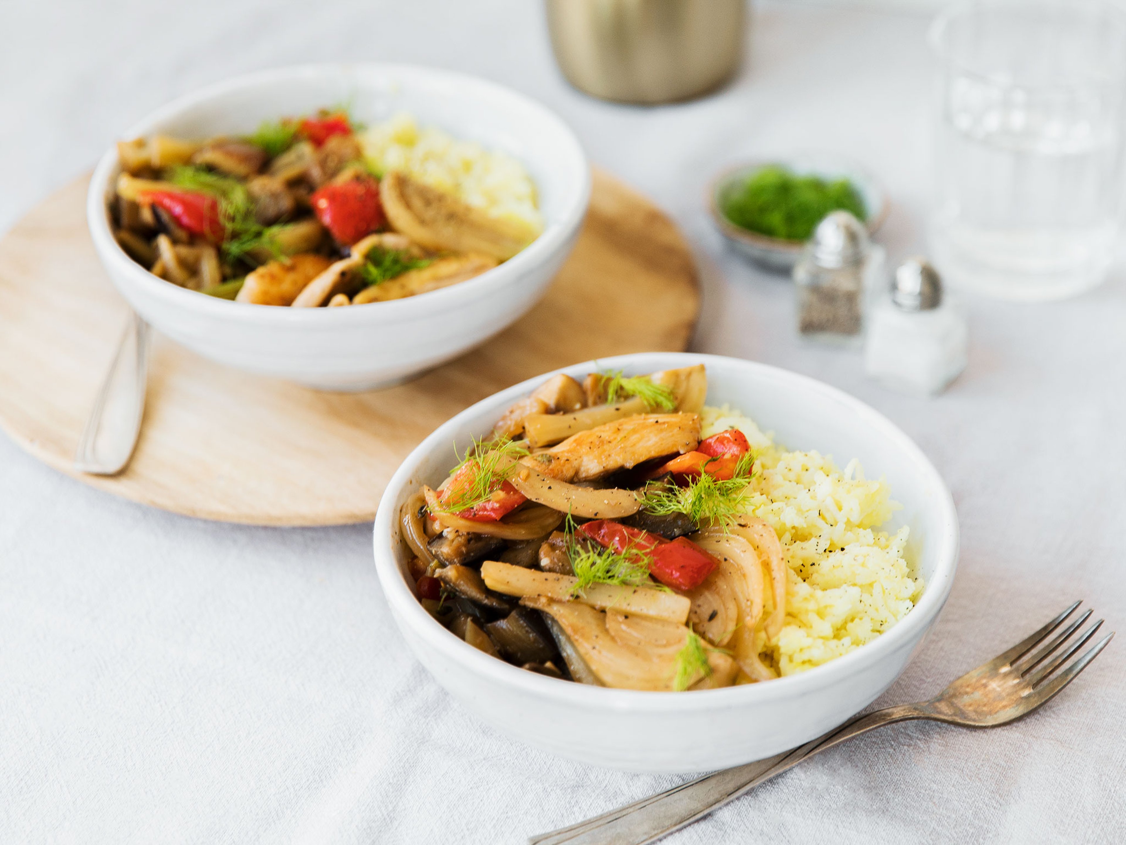 Chicken with fennel, eggplant, and turmeric-scented rice