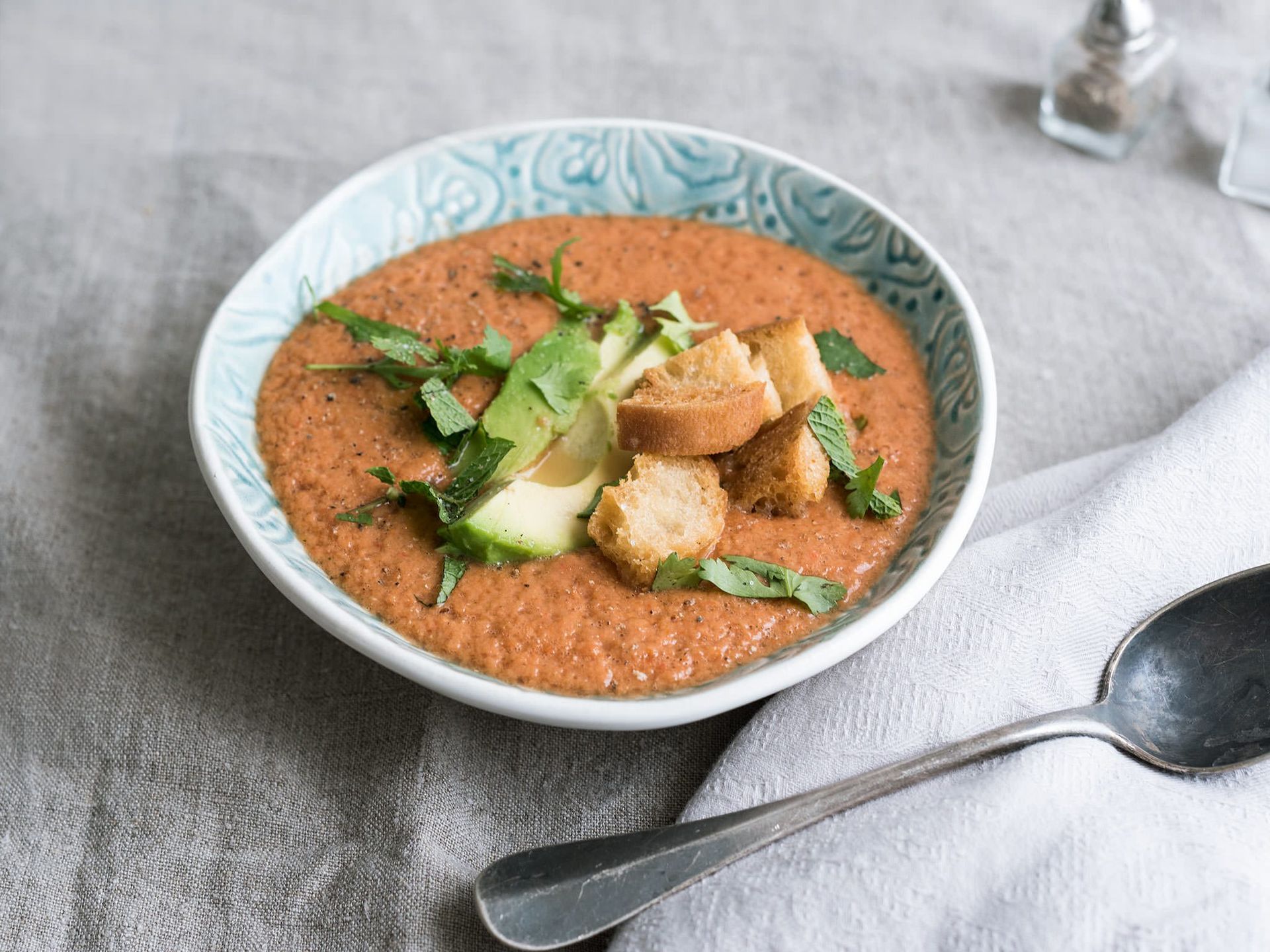Tomato-melon gazpacho with coconut croutons
