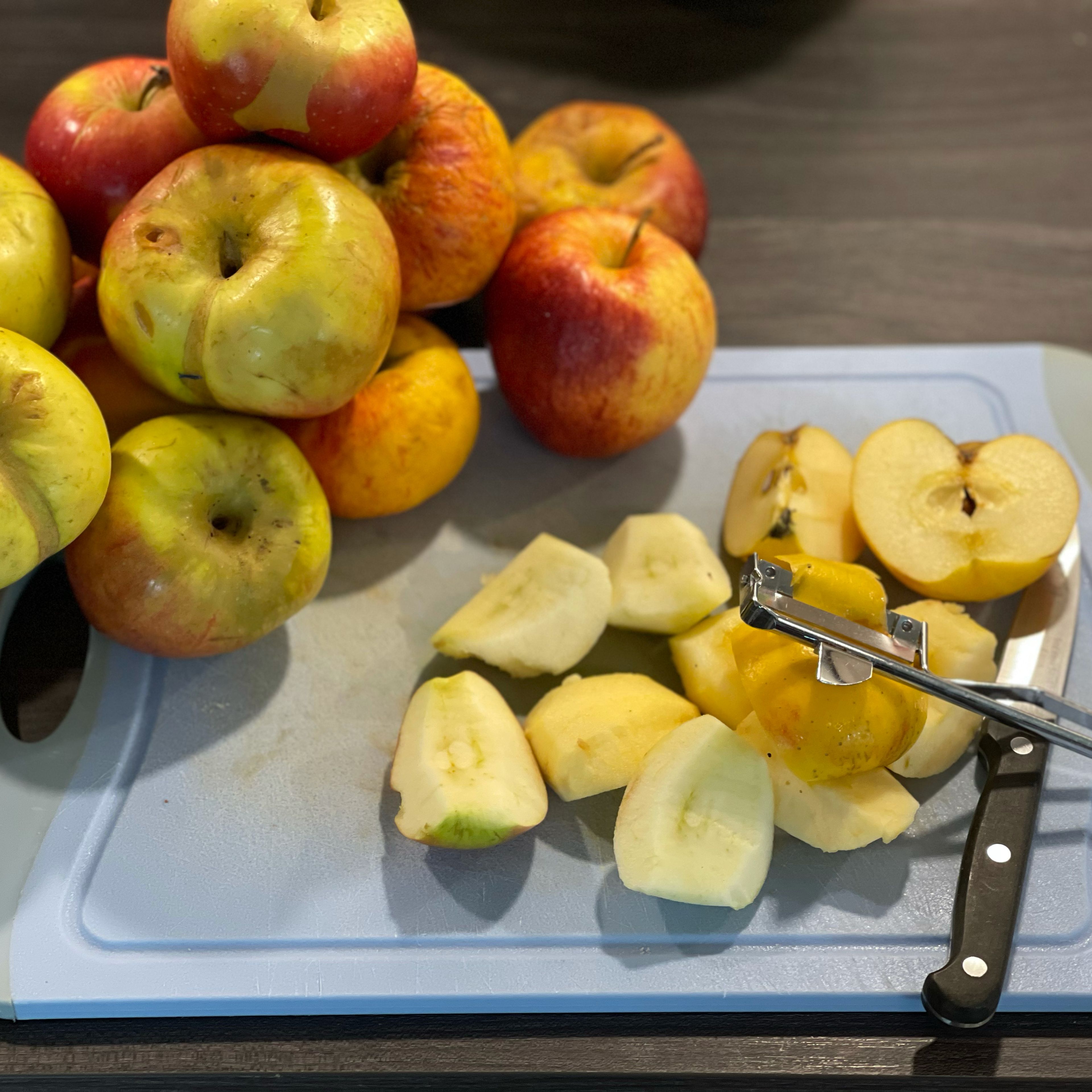Äpfel entkernen, schälen und vierteln und in einer separaten Schüssel auf dem Cookit abwiegen. Die 1,5 kg sind das Nettogewicht.