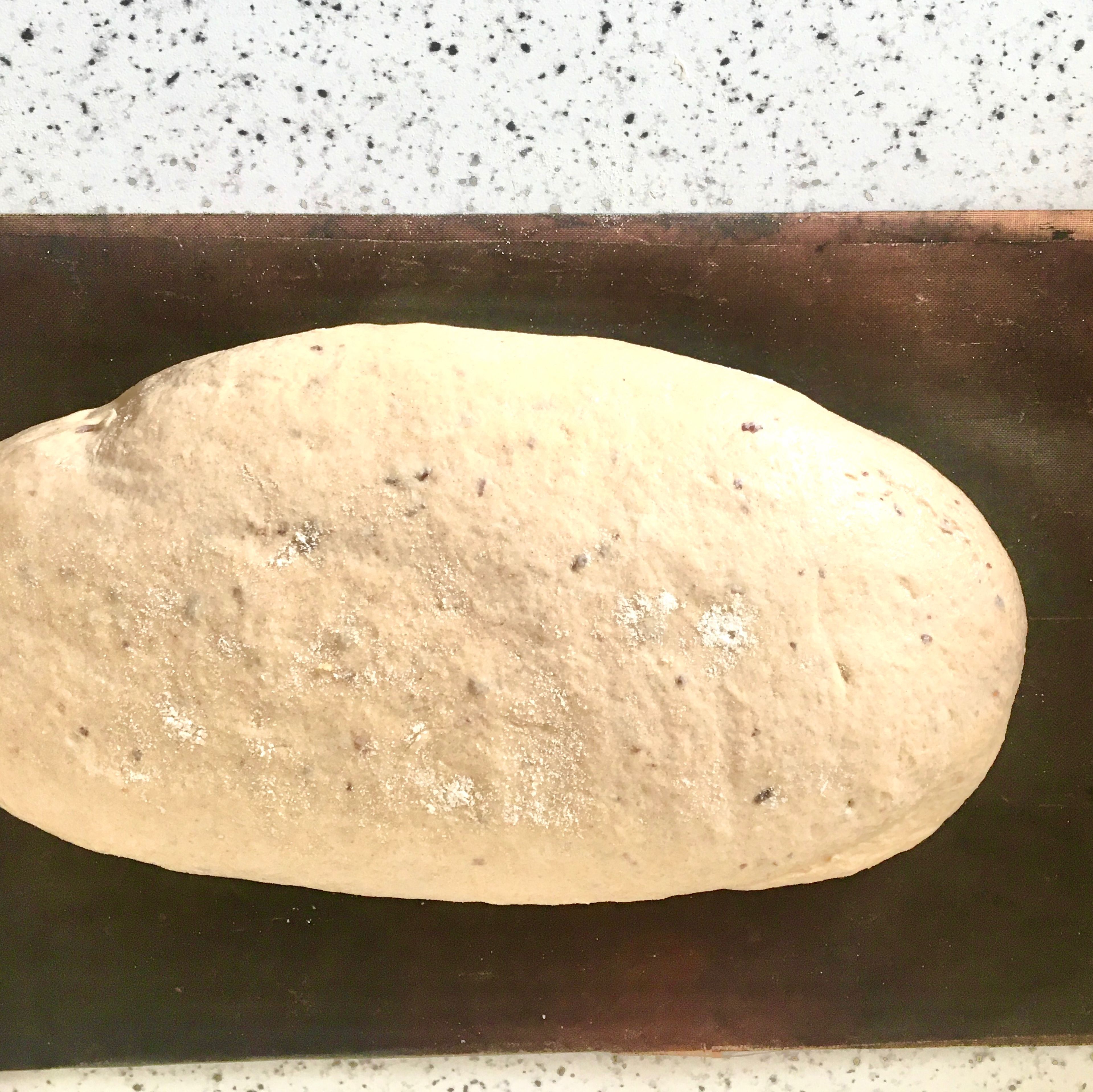 Deflate the risen dough and fold it 4-5 times. Shape into a loaf and place over a baking paper to ease the transferring. Cover with damp towel. Heat the oven to 250 C and place a suitable baking dish inside to preheat. As the oven heated through, lightly dust the dough surface with some flour.