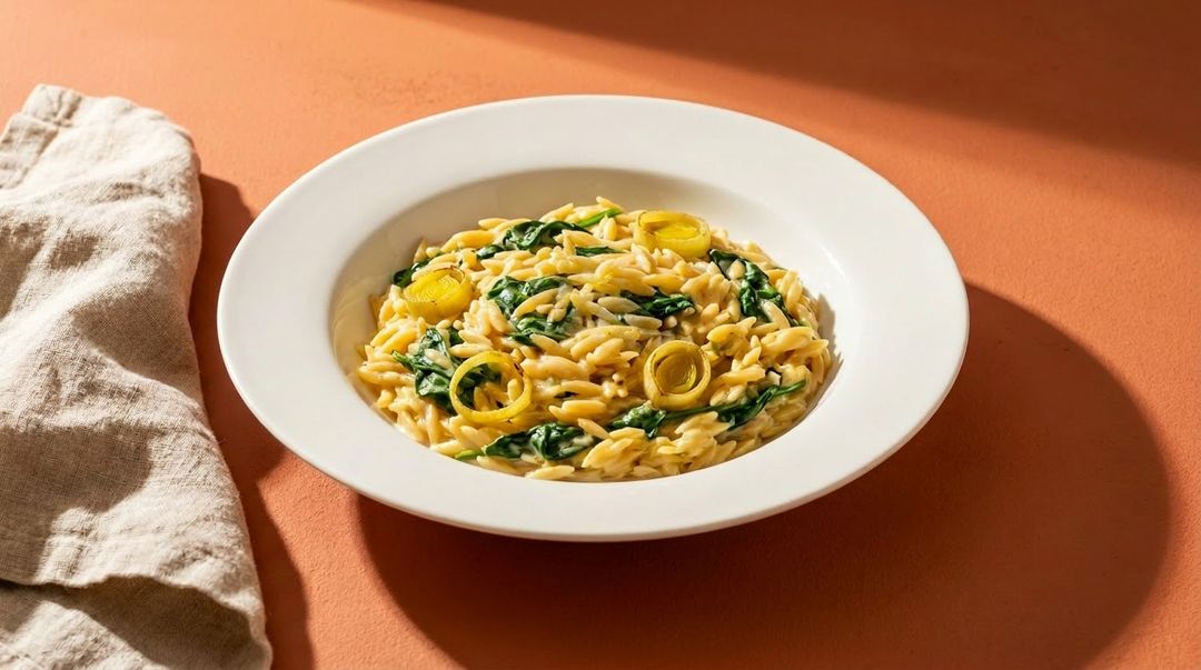 Wir lieben diese cremige Orzo-Pfanne mit Lauch, Spinat und Zitrone