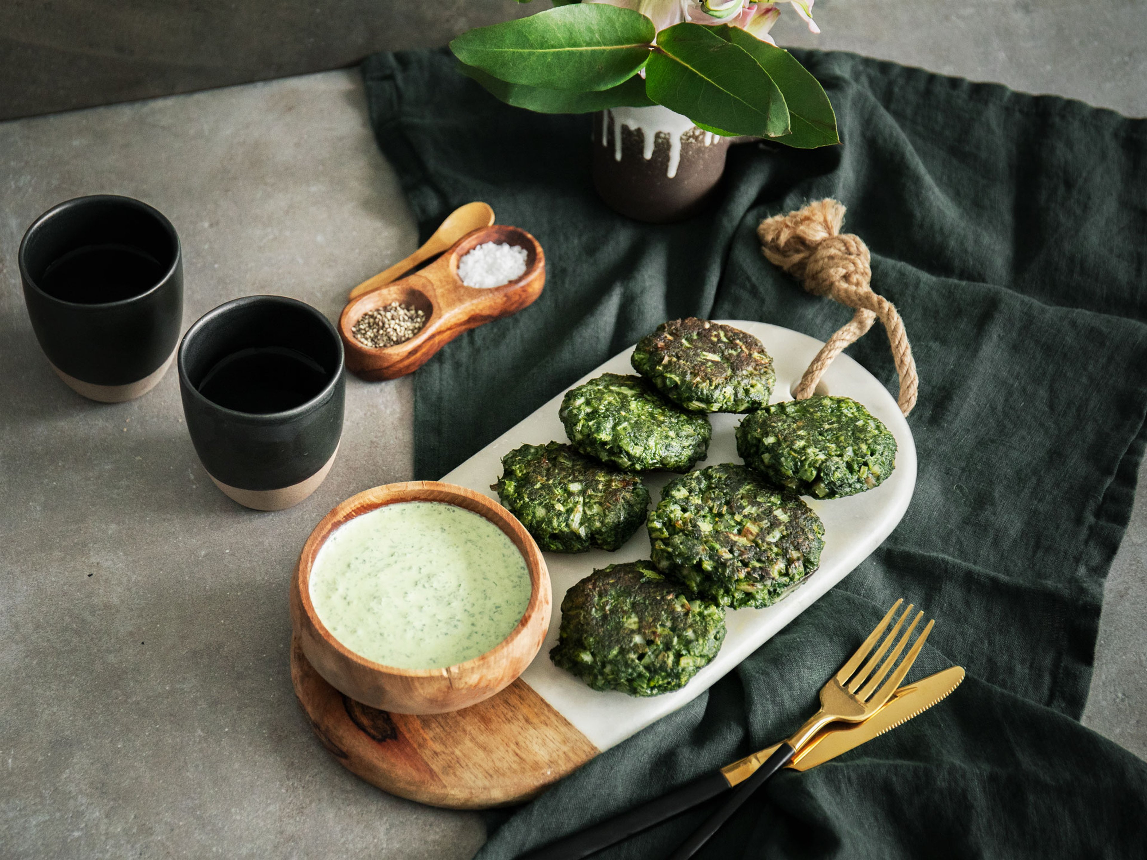 Herby Swiss chard fritters with basil yogurt