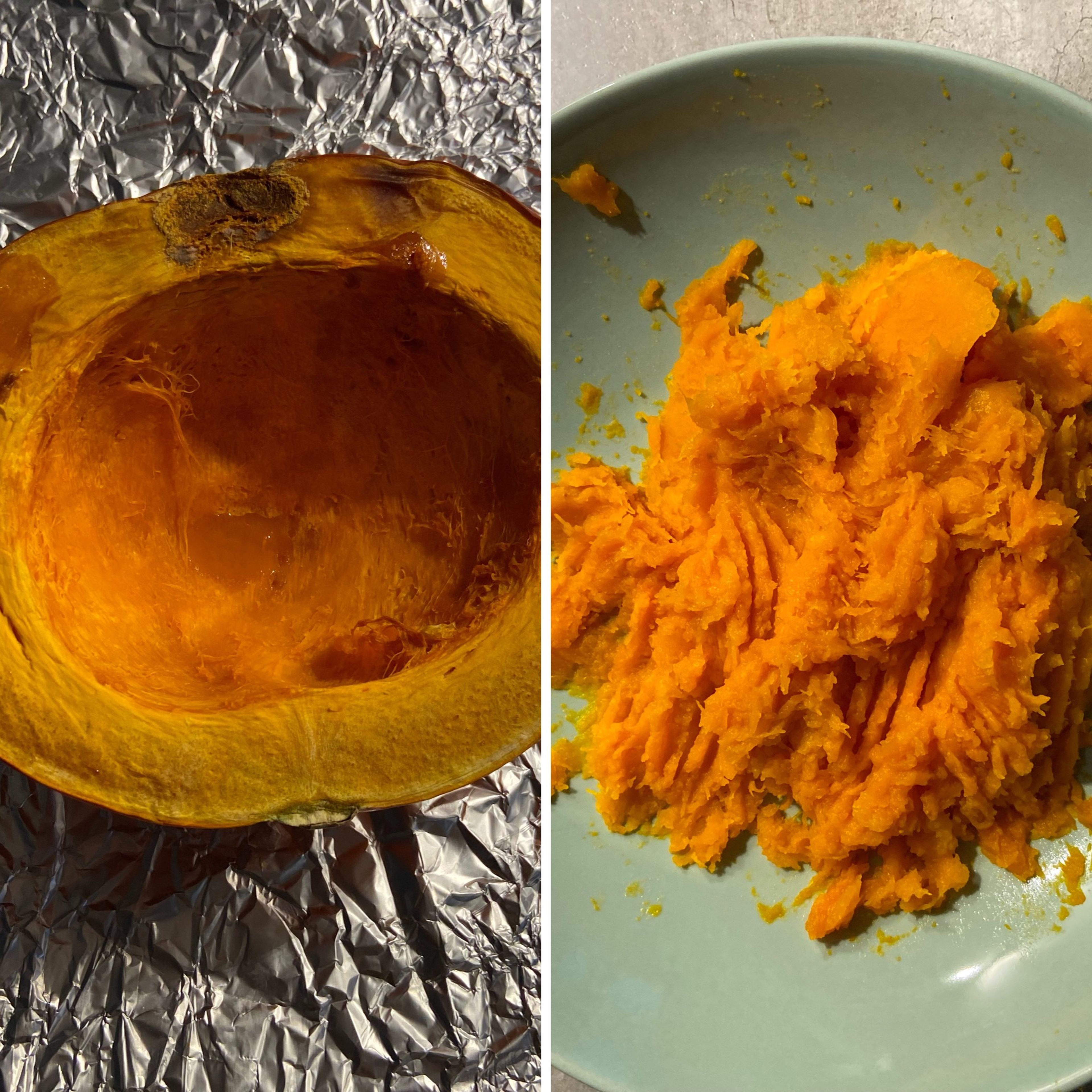 Bake the half pumpkin in the oven at 200 degrees for 20 minutes until soft. Let it cool for a few minutes and you’ll be able to easily peel it with a spoon. Then smash the pulp with a mixer or simply a fork.