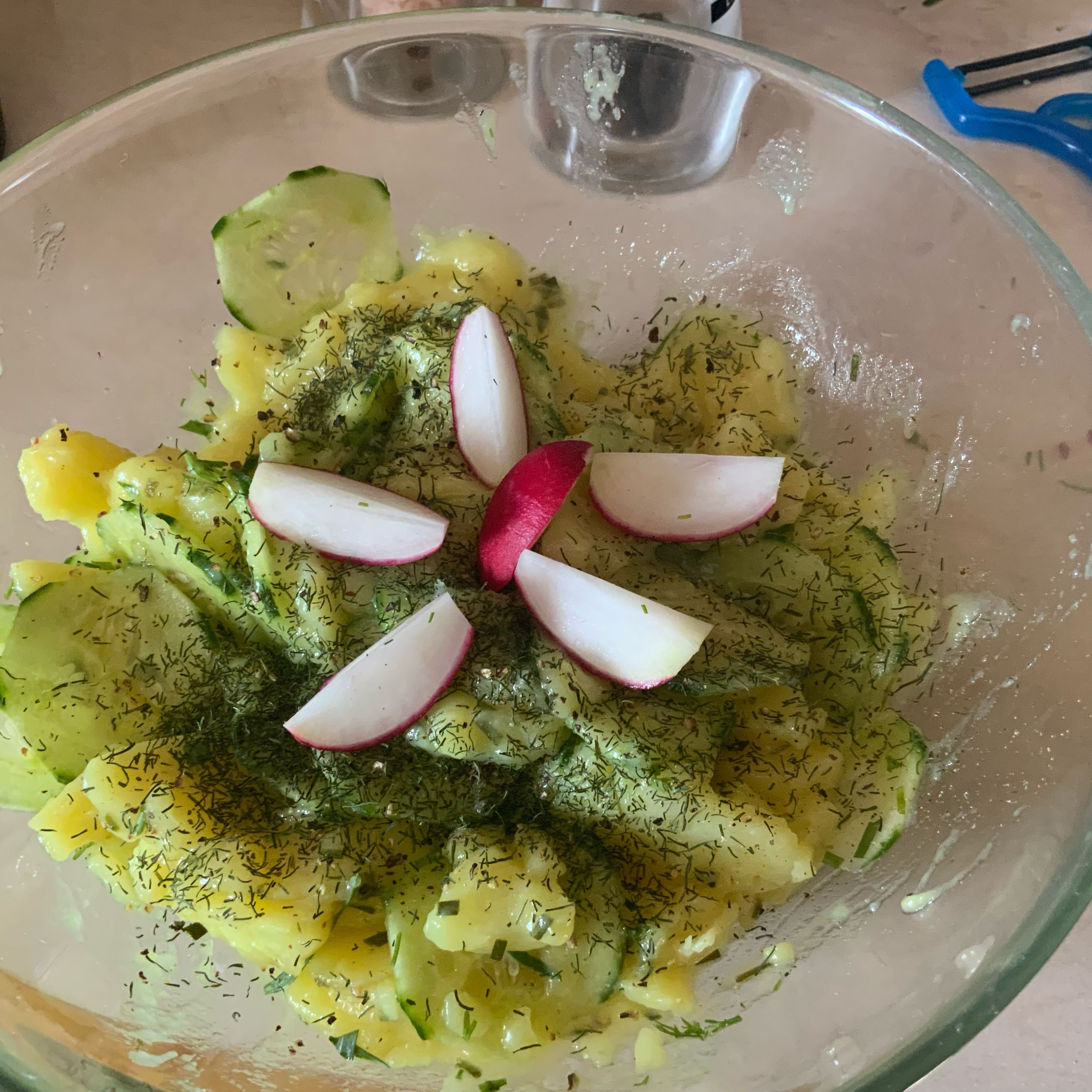 …und fertig ist ein gut schmeckender Gurken-Kartoffelsalat. Ein bischen Dill zum abrunden und kleine Radieschenschnitze oder ein geachteltes Ei runden den Salat ab.