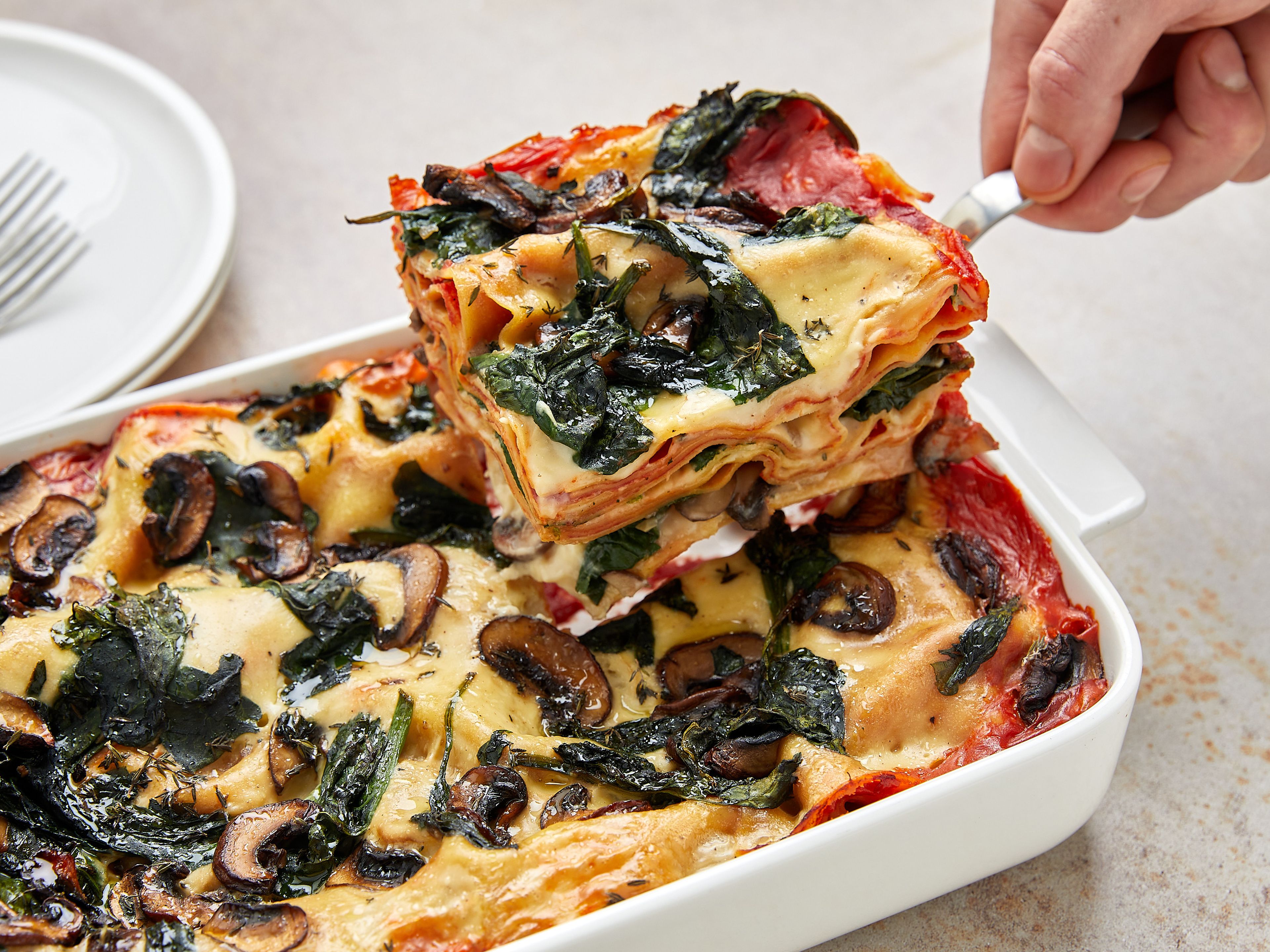 The creamiest vegan lasagna with spinach and mushrooms