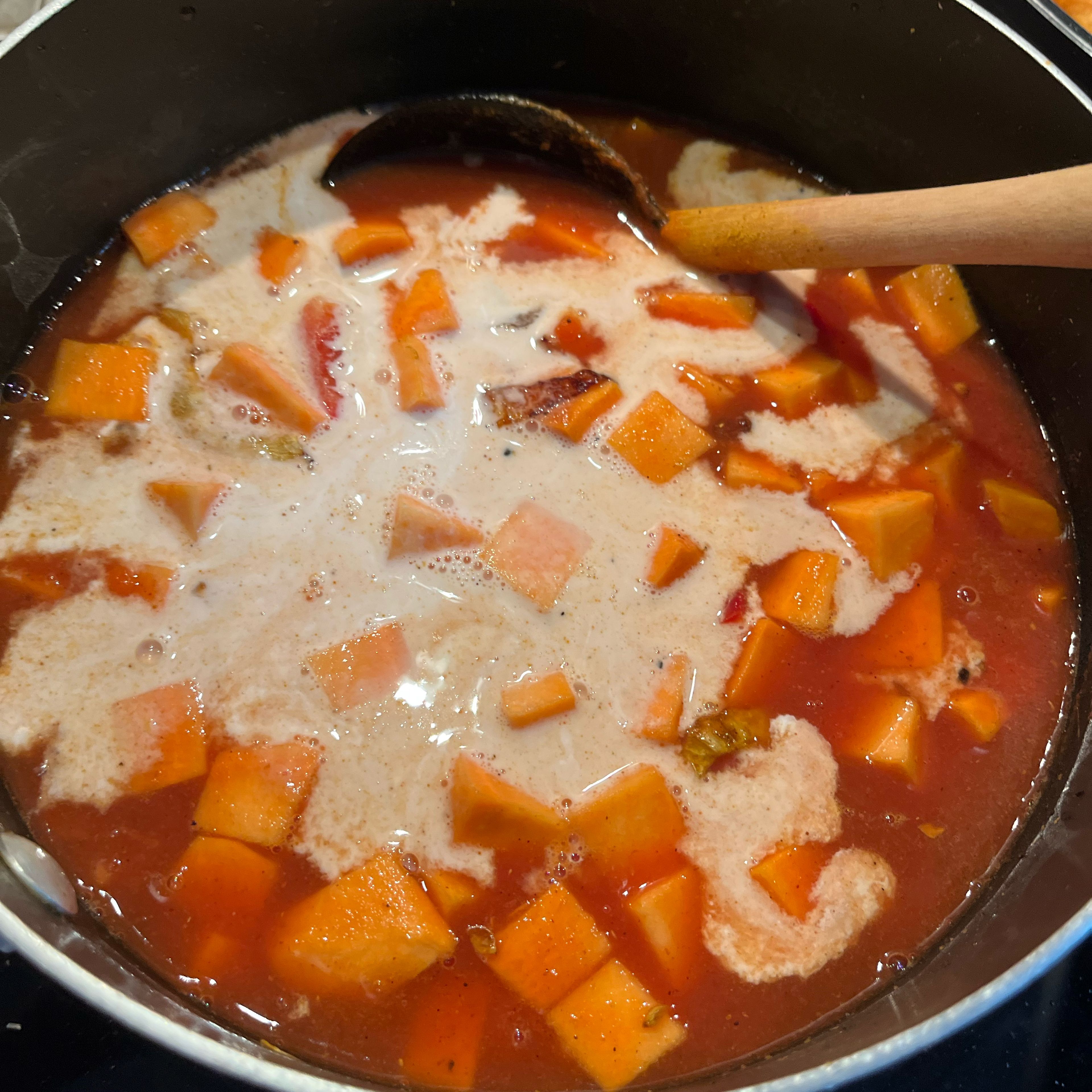 Add sweet potato, red lentils, tomato purée and coconut milk and bring to a boil. Simmer on medium heat for about 20mins till the sweet potato is soft.