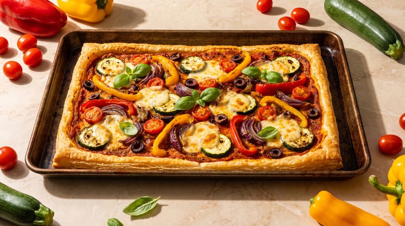 Knusprige Blätterteigpizza mit geröstetem mediterranem Gemüse