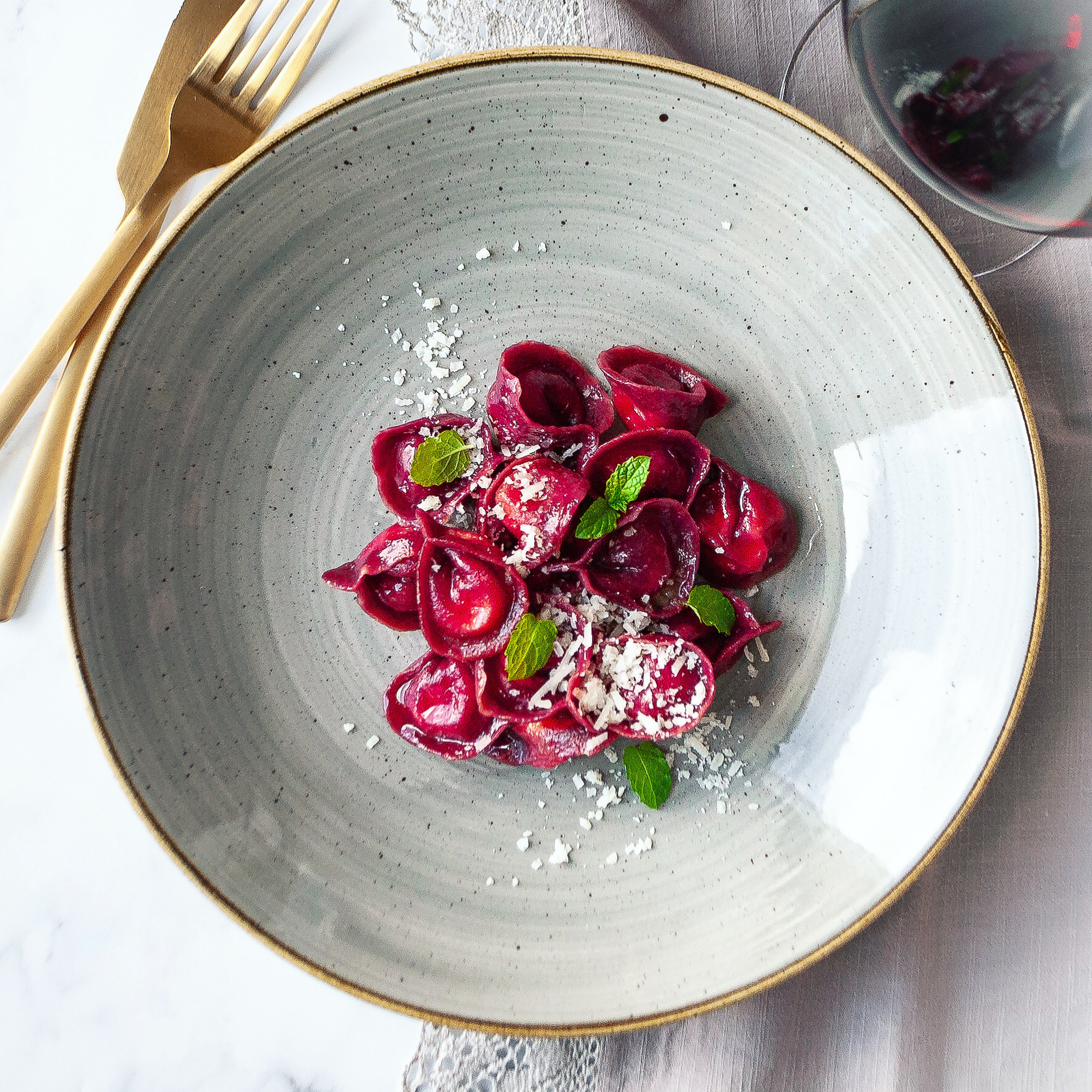 Beetroot Tortellini with Ricotta & Lime