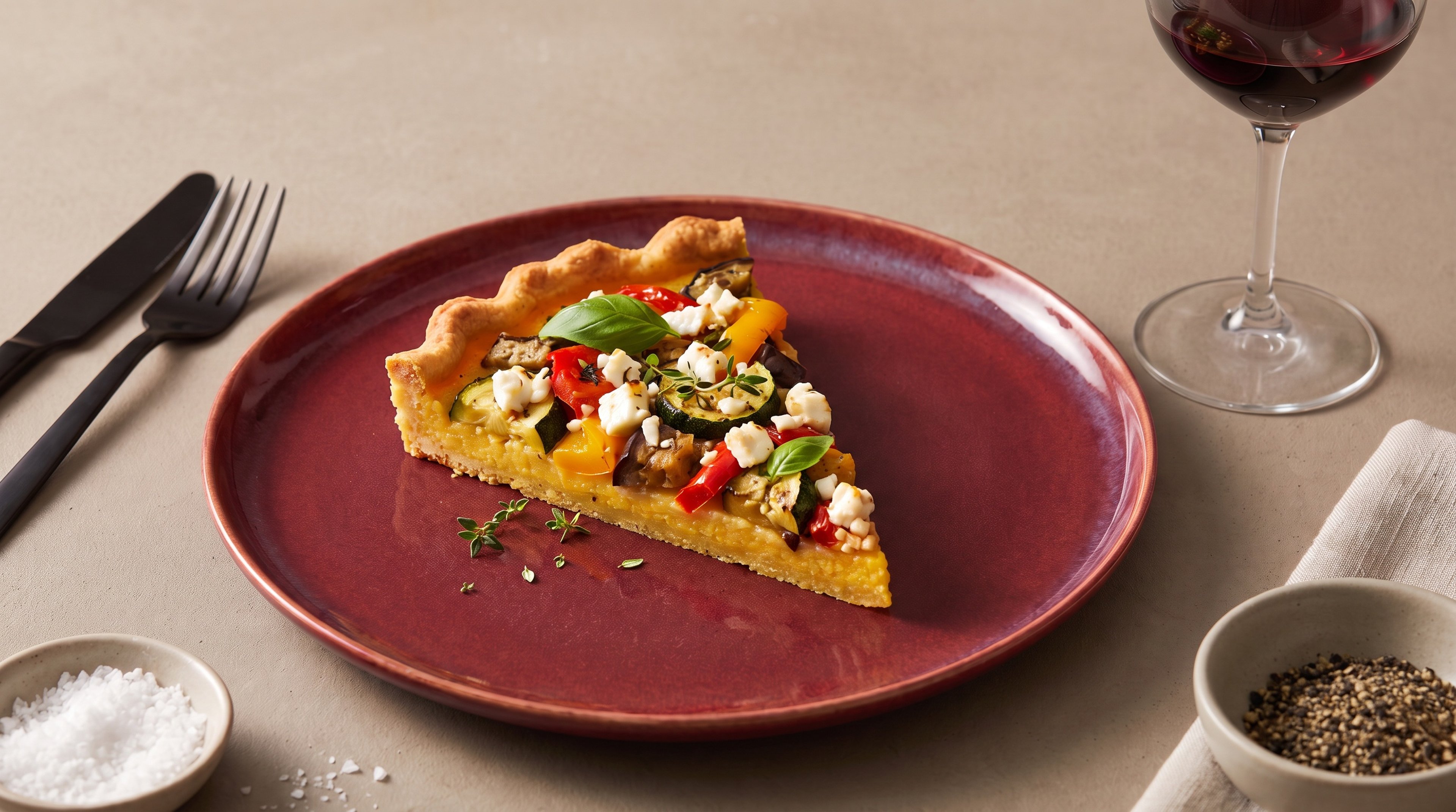 Bunte Polenta-Tarte mit geröstetem Gemüse und Feta