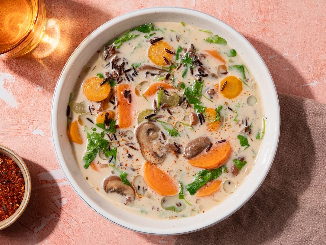 Cozy wild rice soup with sweet potato and mushrooms