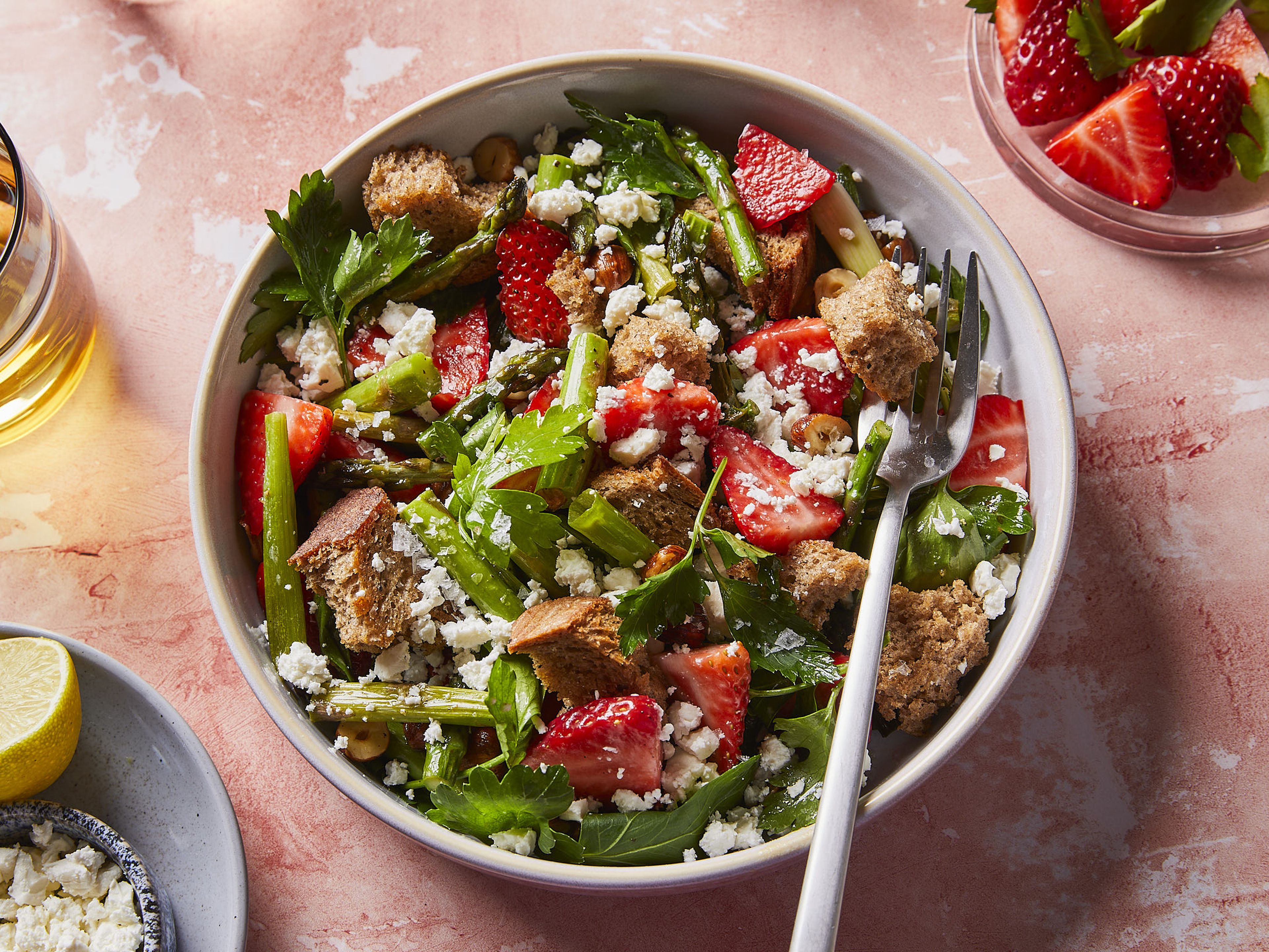 Spring panzanella with green asparagus and strawberries