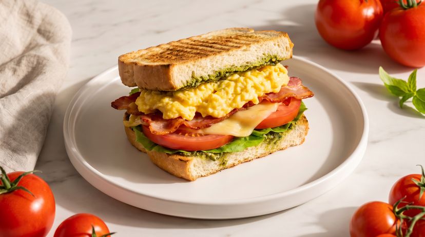 Frühstücks-Panini mit cremigem Rührei und knusprigem Speck