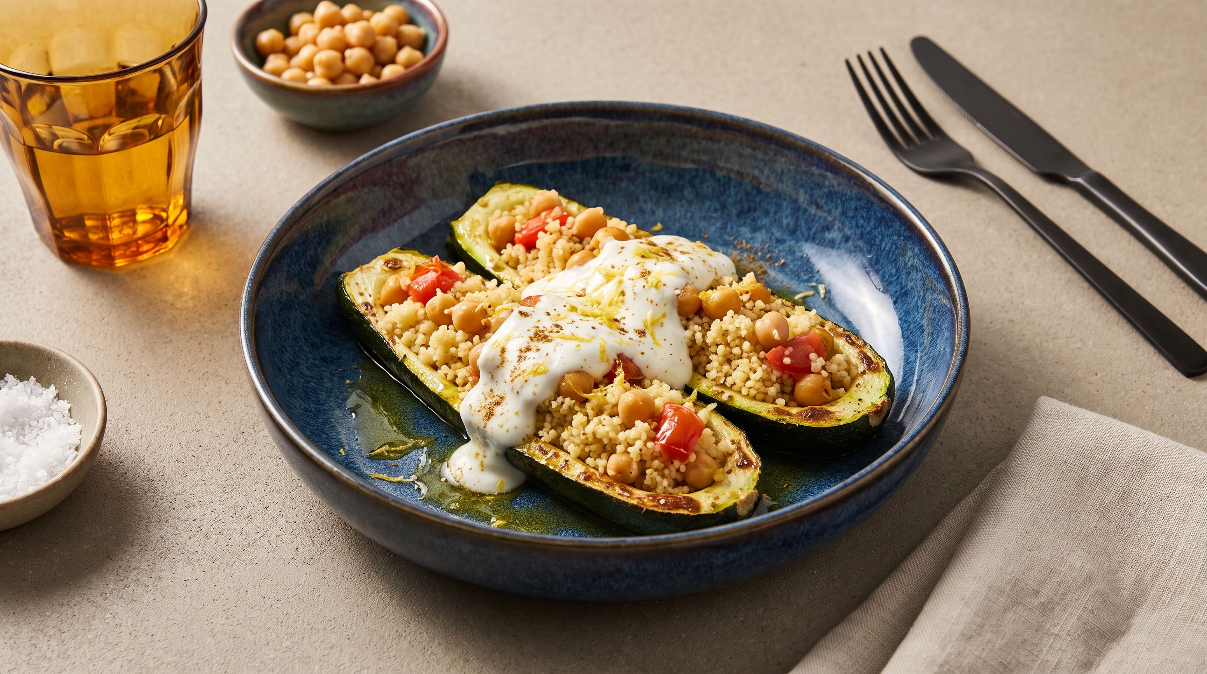 Vegetarisch gefüllte Zucchini mit Couscous und Kichererbsen