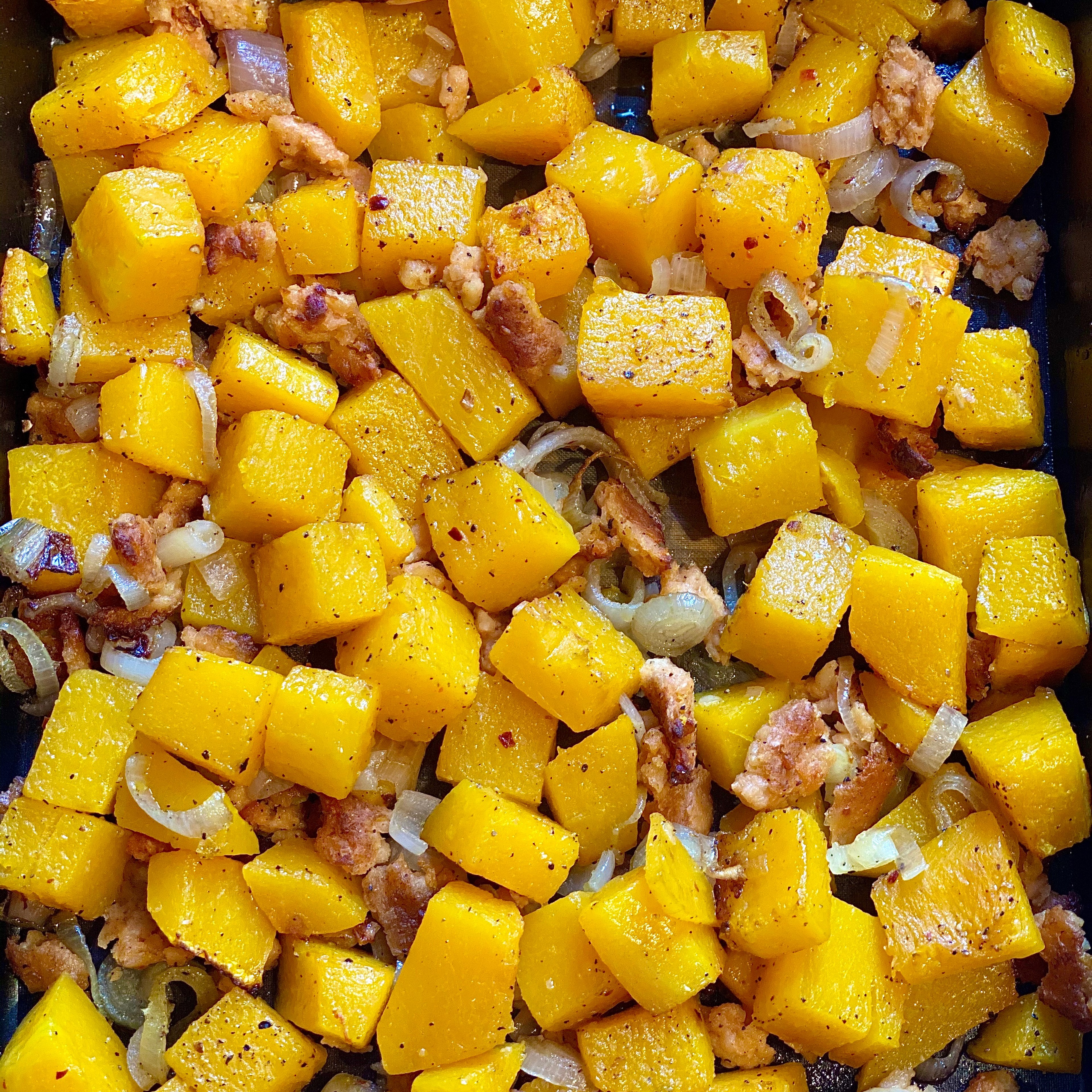 Roasted butternut squash with crispy vegan sausage