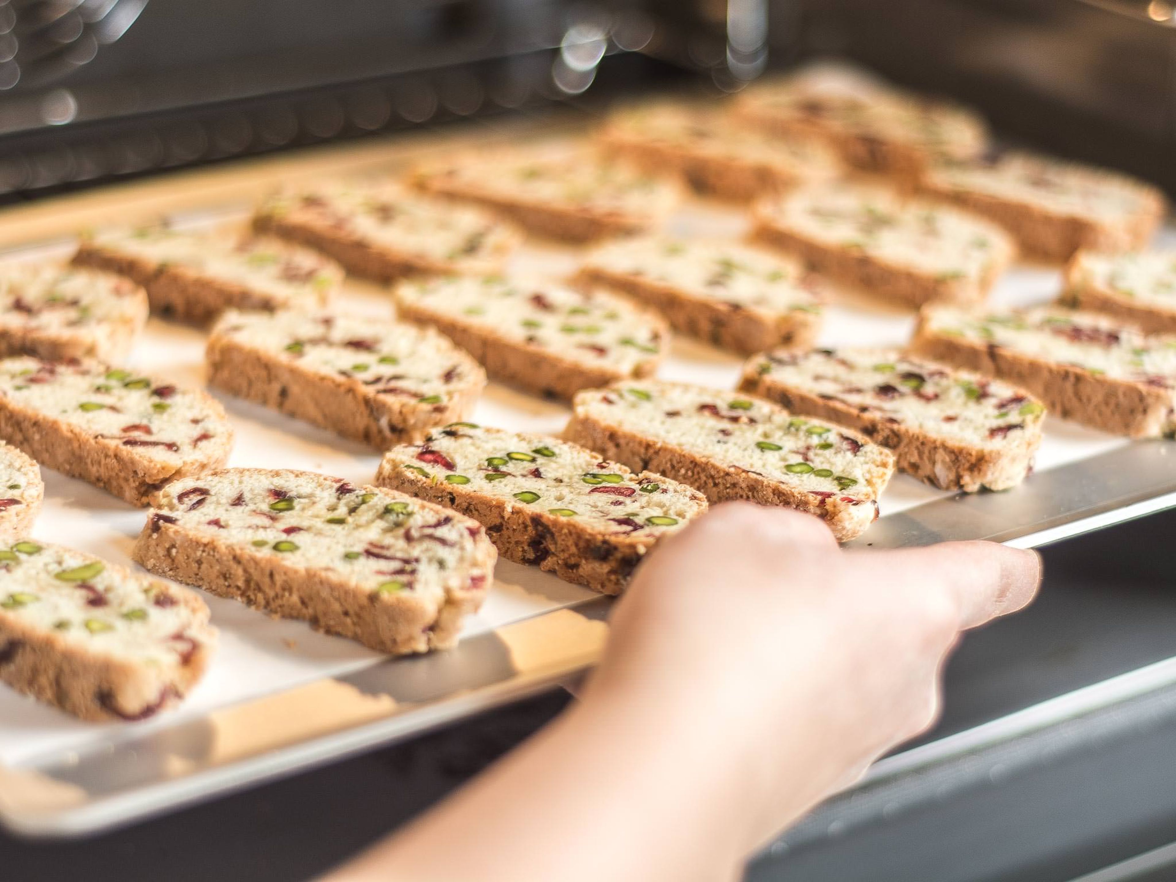 Bake the biscotti on a lined baking tray in a preheated oven at 200°C/ 390°F for an additional 8 min. until crispy. Allow to cool for approx. 15 min. before serving with homemade compote.