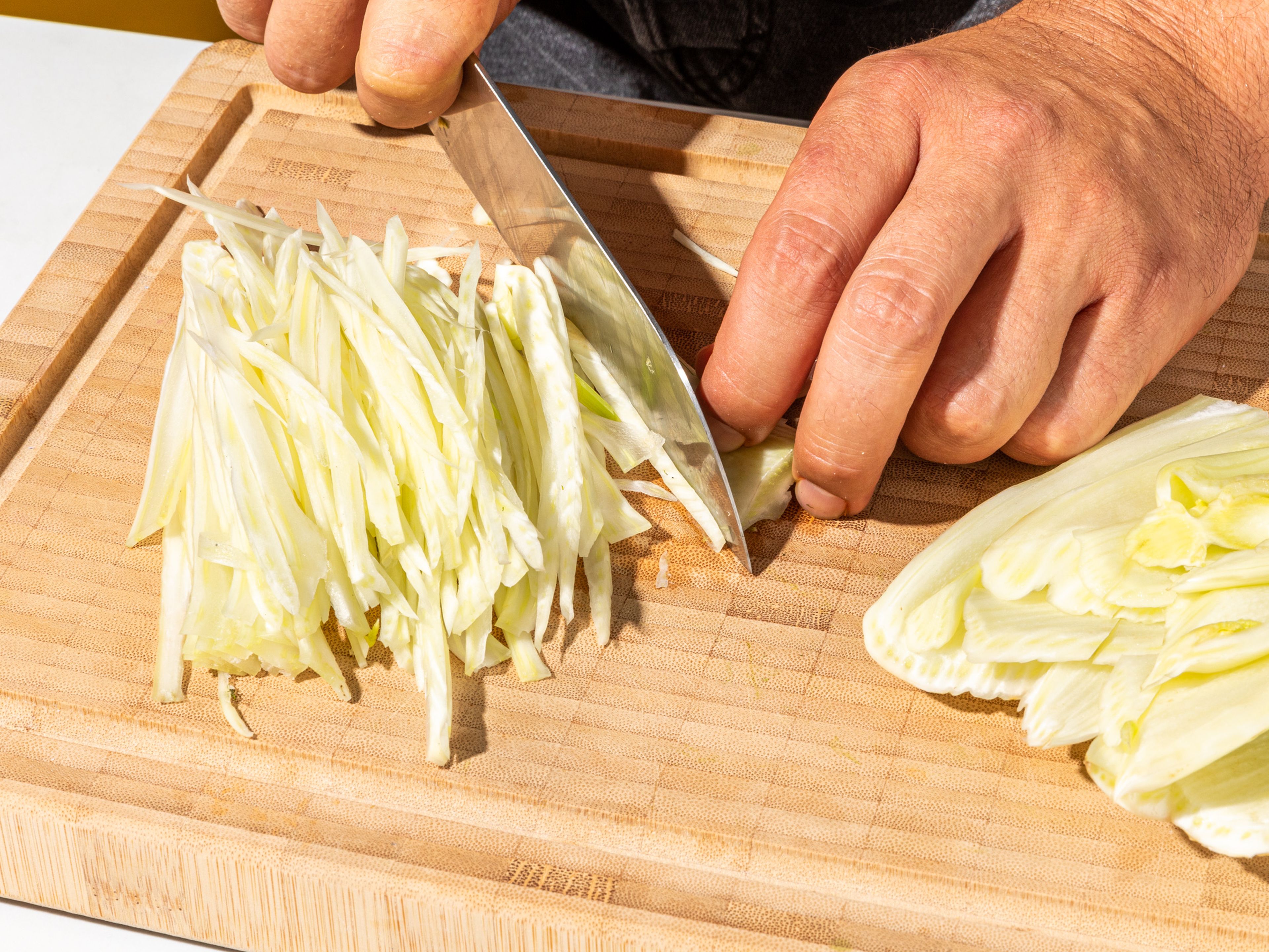 Use a vegetable peeler to shave the cucumber lengthwise into strips. Thinly slice the fennel. Add both to a bowl, season with a little salt and pepper, add red wine vinegar, and mix. Set aside. Finely chop the dill.