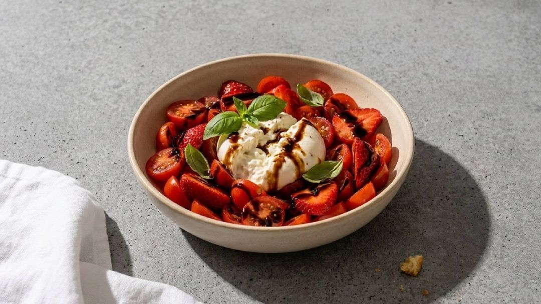 Fruchtiger Tomaten-Erdbeer-Salat mit cremigem Burrata