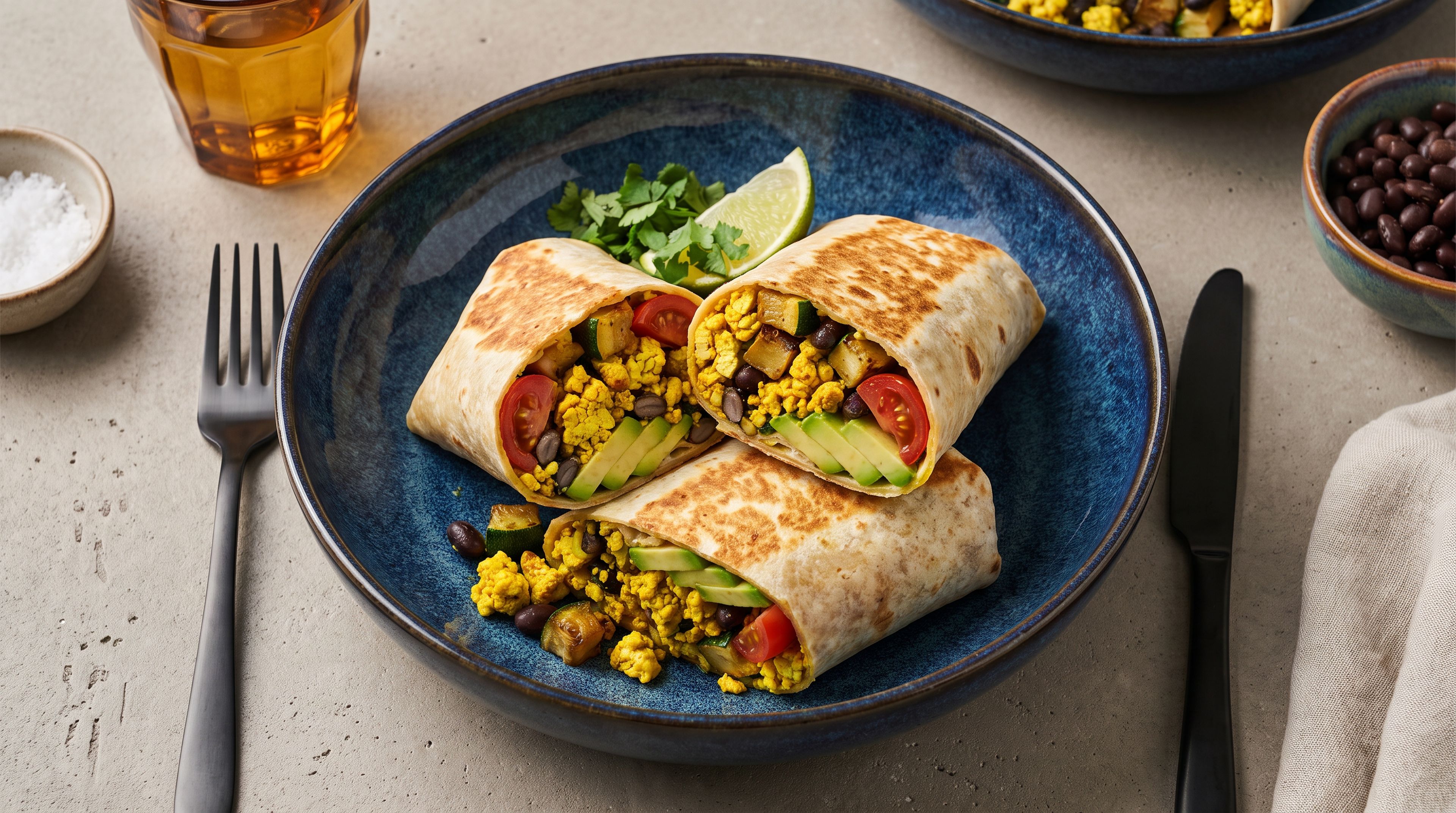 Herzhafter veganer Frühstücks-Burrito mit Zucchini und Tofu-Scramble