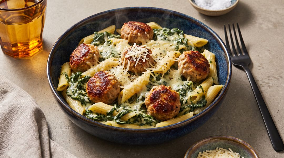 Cremiger Pasta-Auflauf mit saftigen Hackbällchen und Rahmspinat