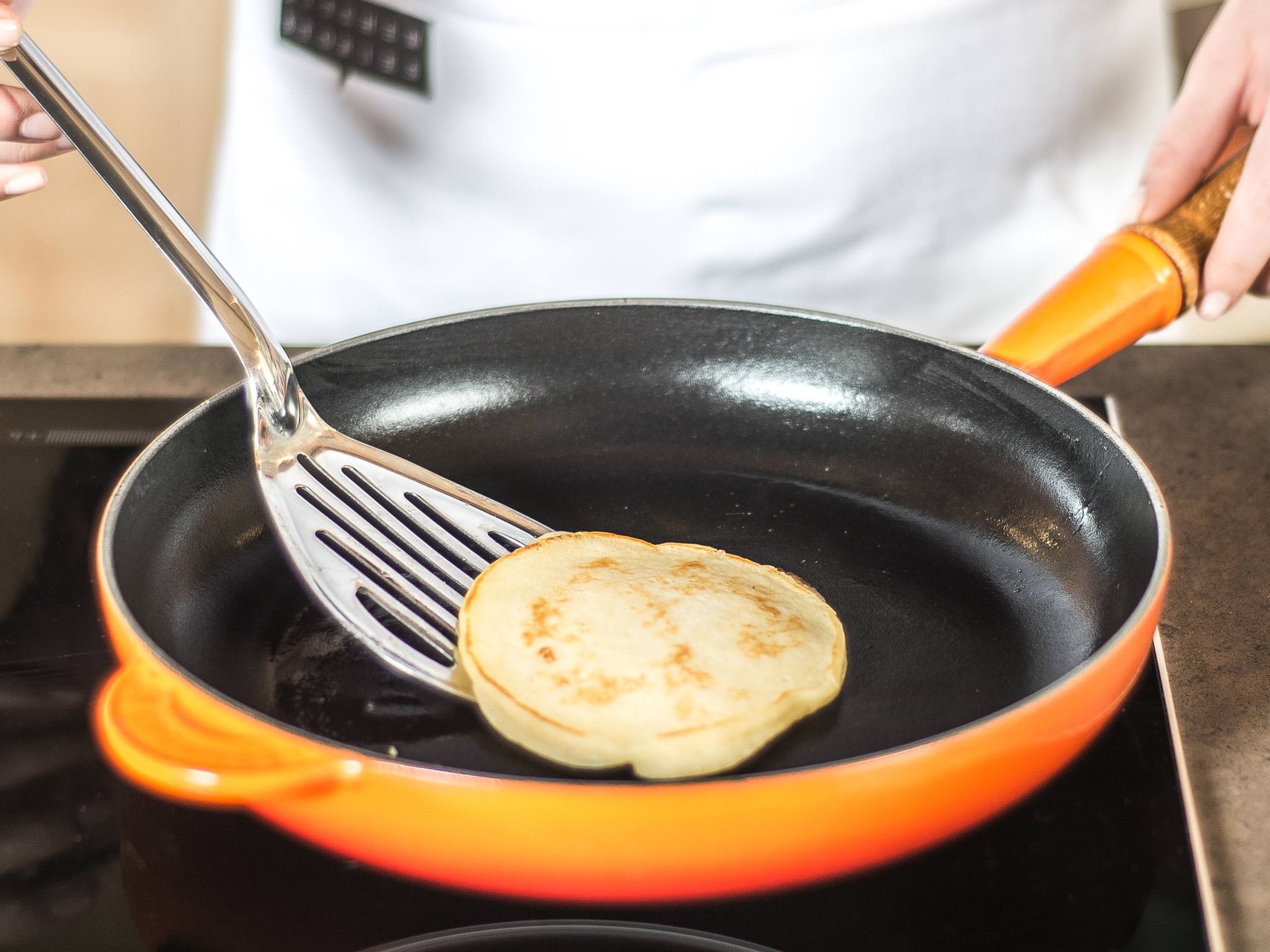Drop batter into skillet and cook on medium heat until golden-brown (approx. 2 – 3 min. per side, with a diameter of approx. 7cm). Serve with homemade jam or powdered sugar.