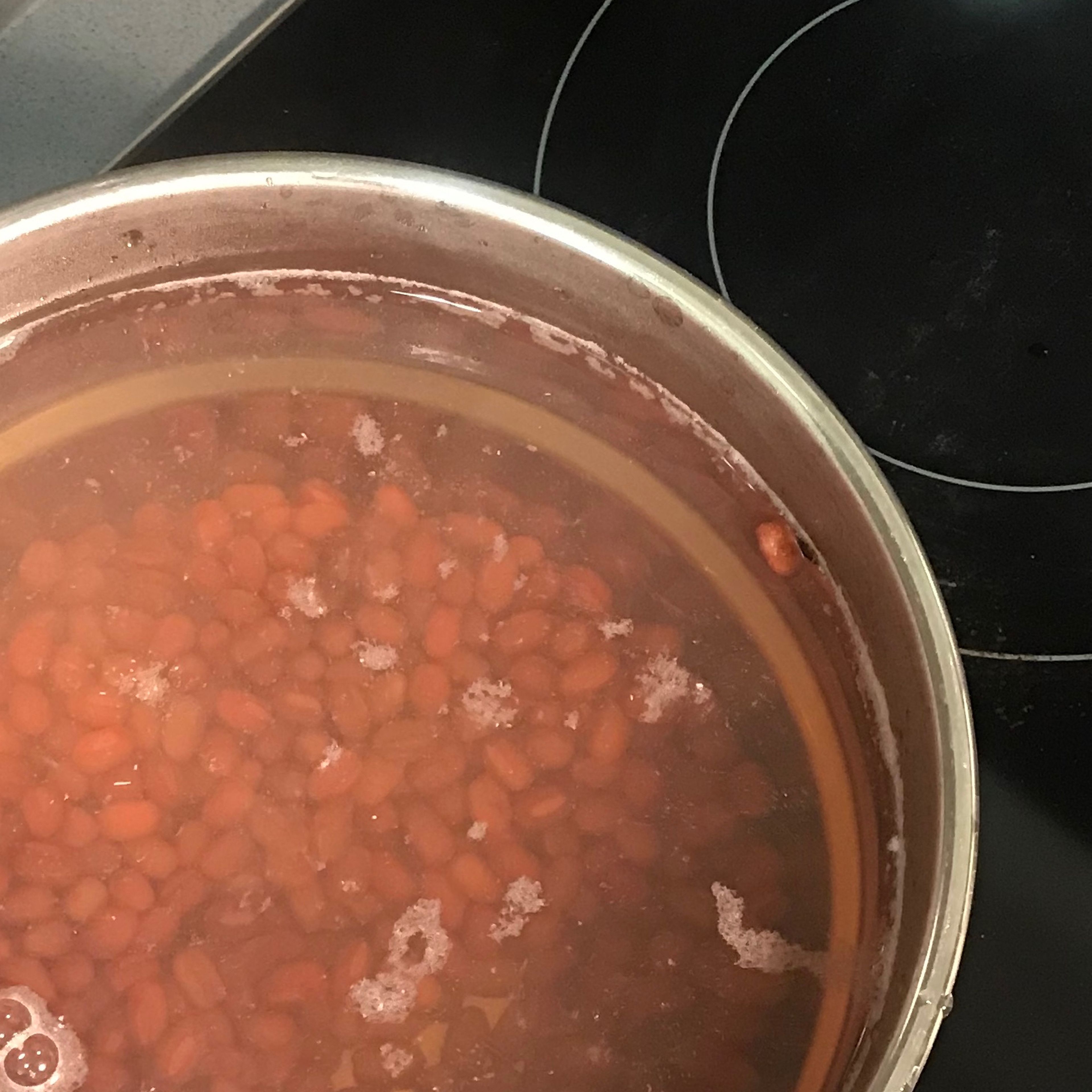 Get rid of the soaking water and rinse the beans again. Transfer all the beans to a medium-sized pot and add water. (I always use boiled water for saving time. Cold water also works, but it takes longer to cook.)