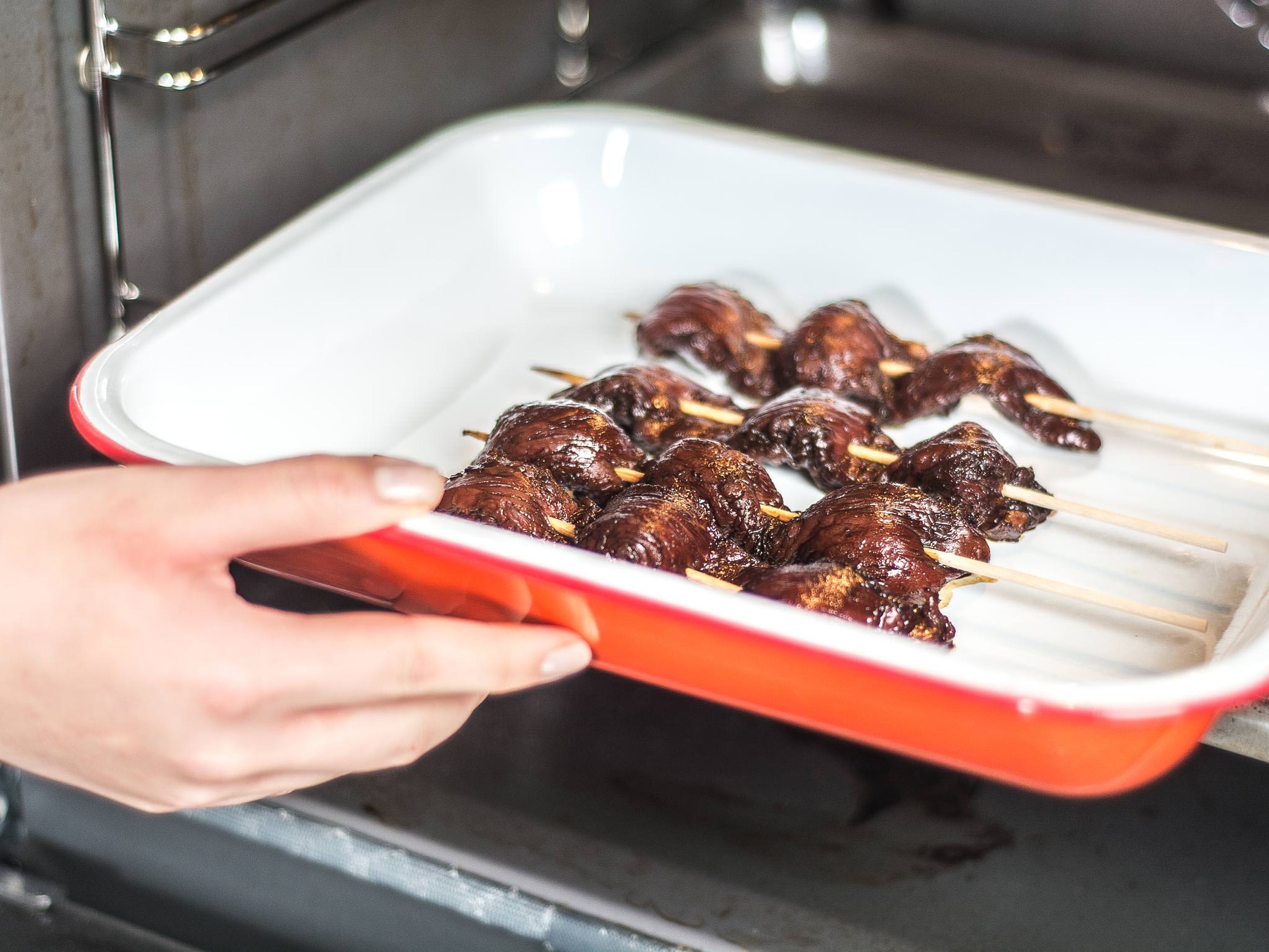 Spear the lamb strips onto wooden skewers and cook in preheated oven at 180°C/ 355°F for approx. 10 – 12 min.